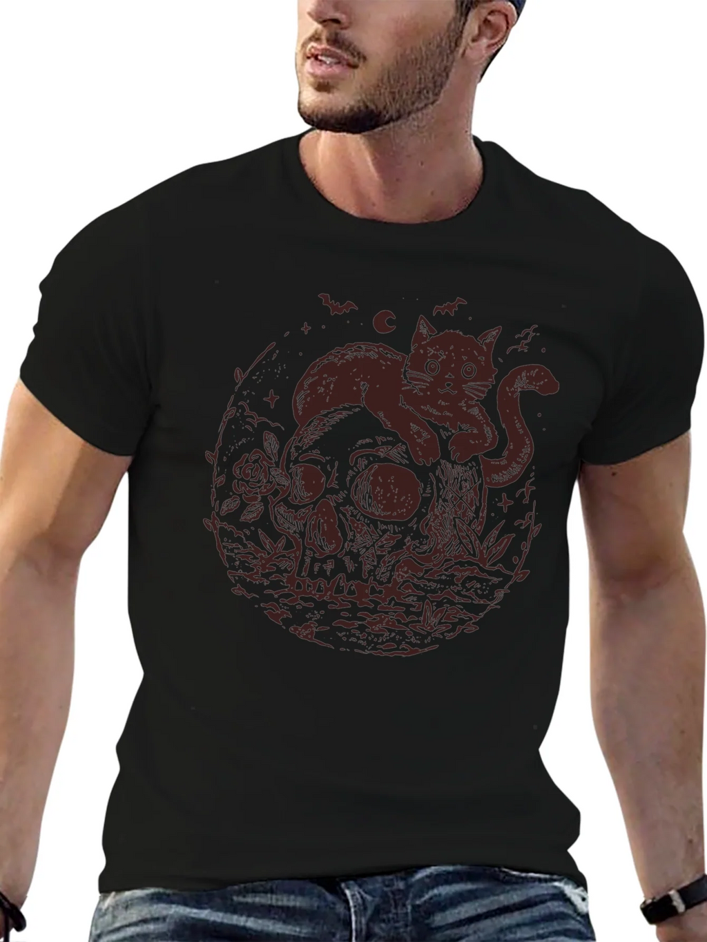 Skull Cat Graphic Tee - Gothic Style T-Shirt