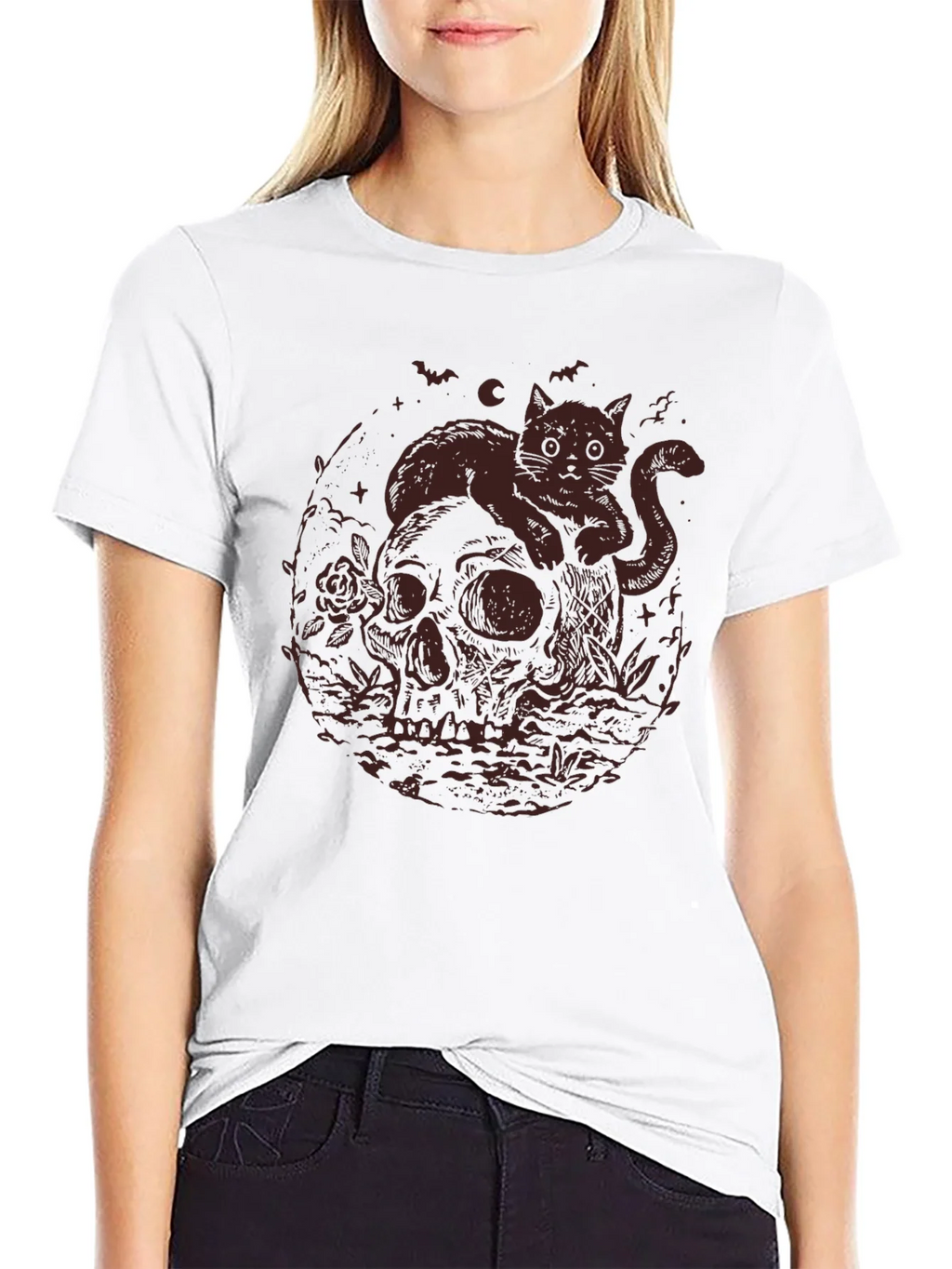 Skull Cat Graphic Tee - Gothic Style T-Shirt