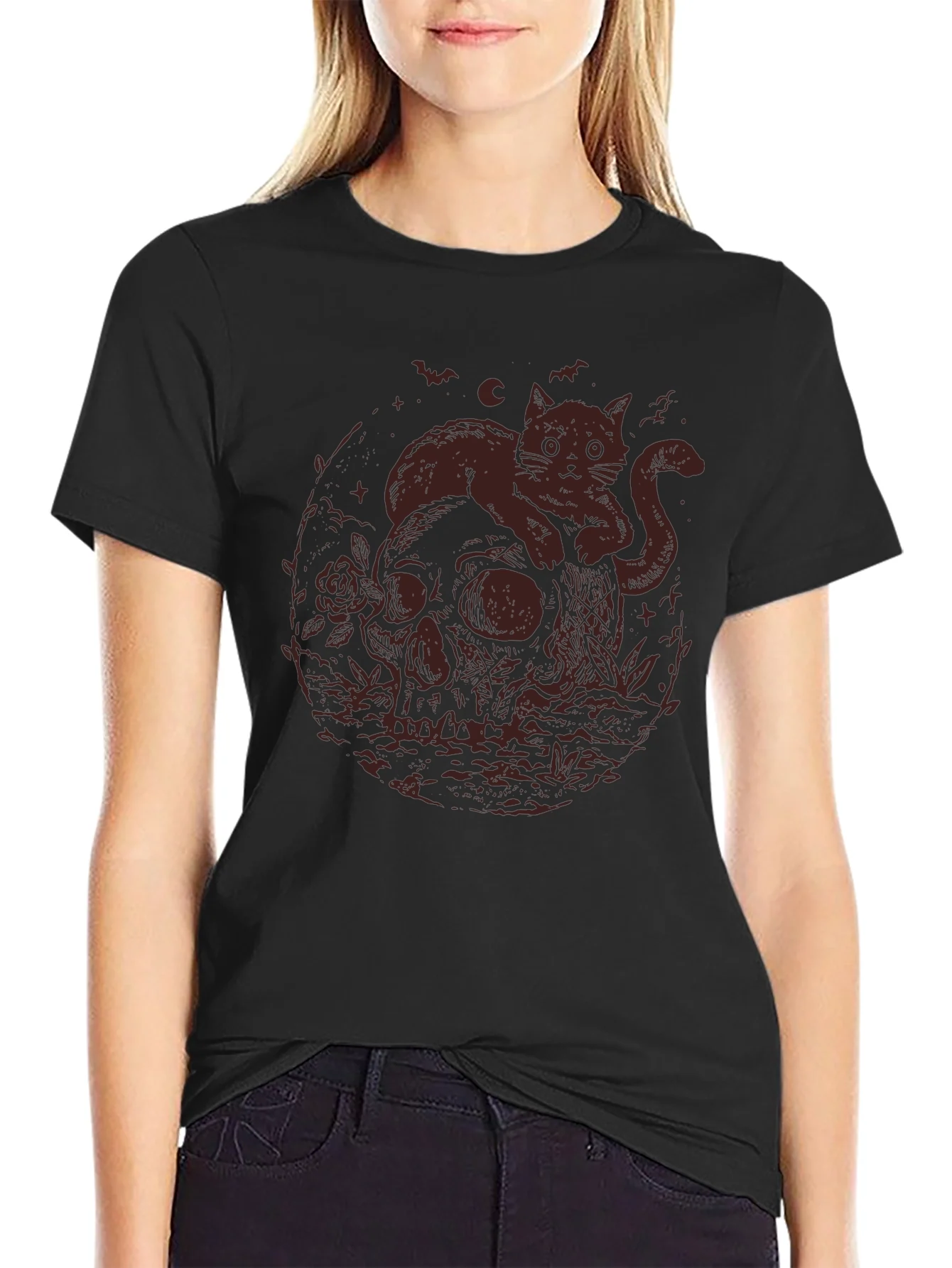 Skull Cat Graphic Tee - Gothic Style T-Shirt