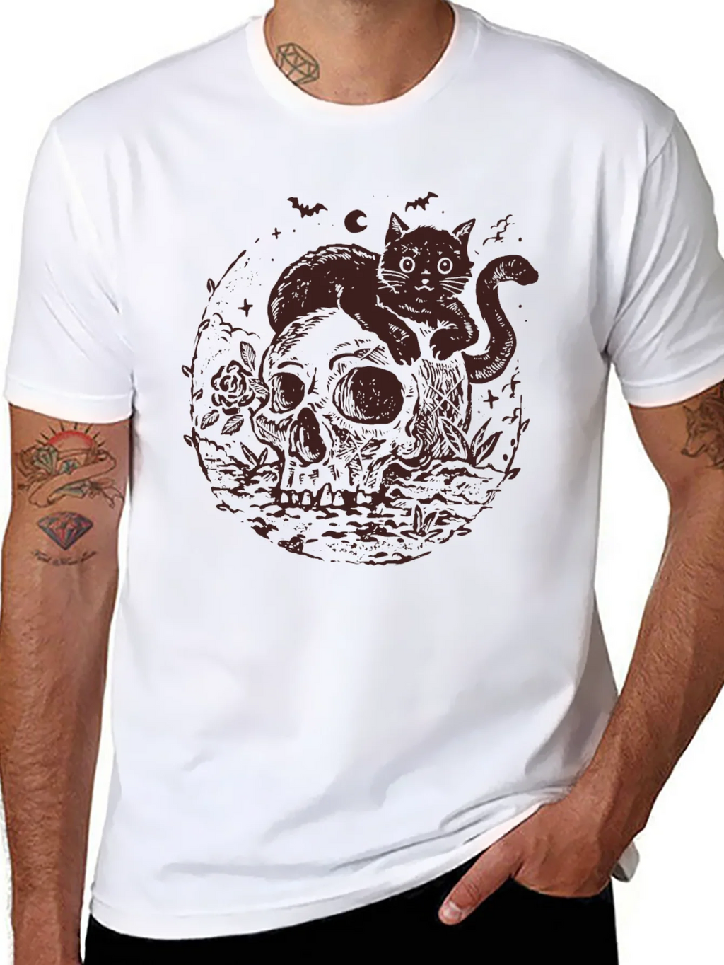 Skull Cat Graphic Tee - Gothic Style T-Shirt