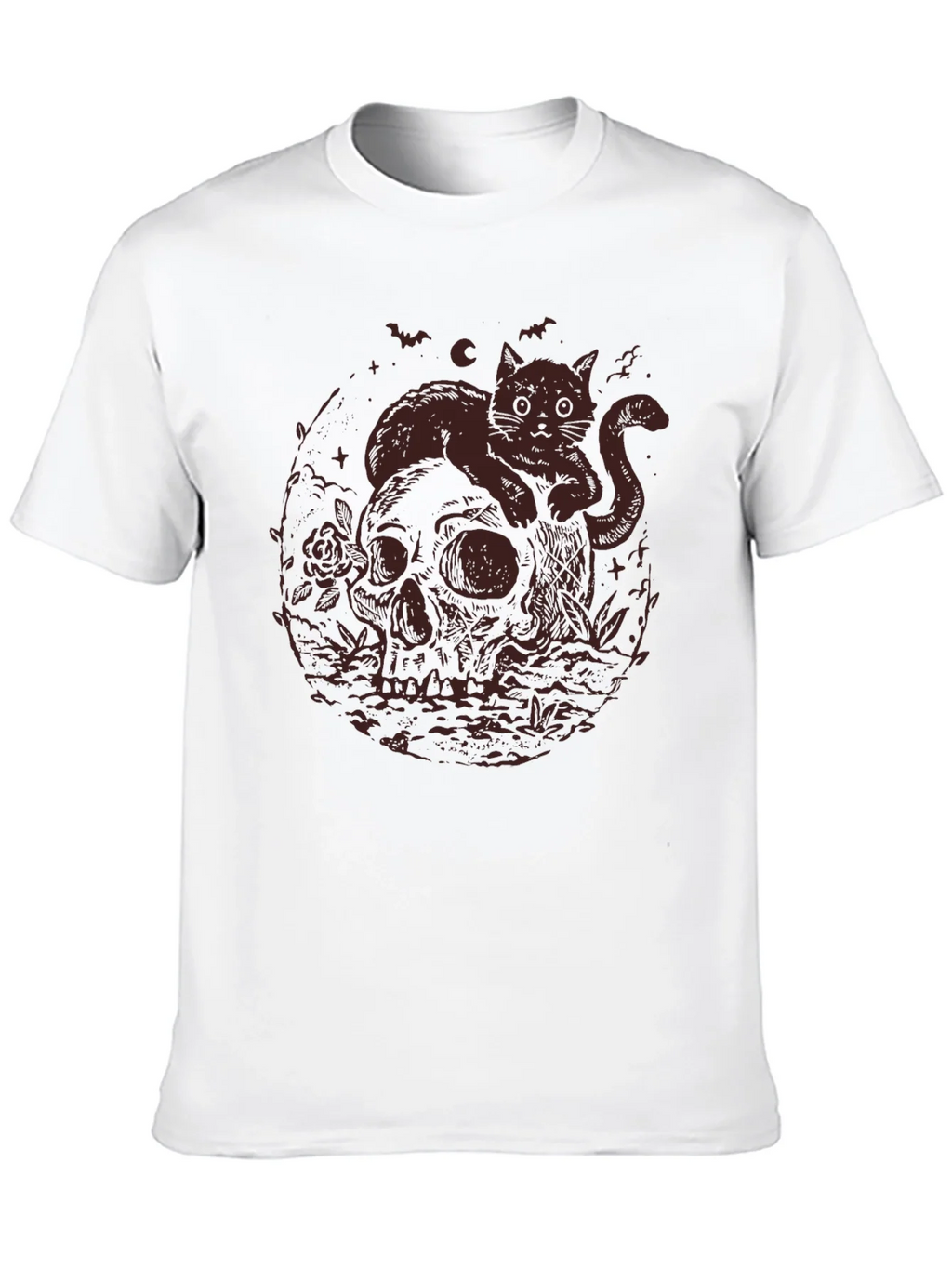 Skull Cat Graphic Tee - Gothic Style T-Shirt
