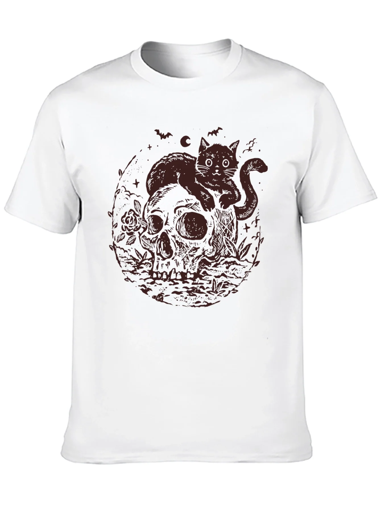 Skull Cat Graphic Tee - Gothic Style T-Shirt
