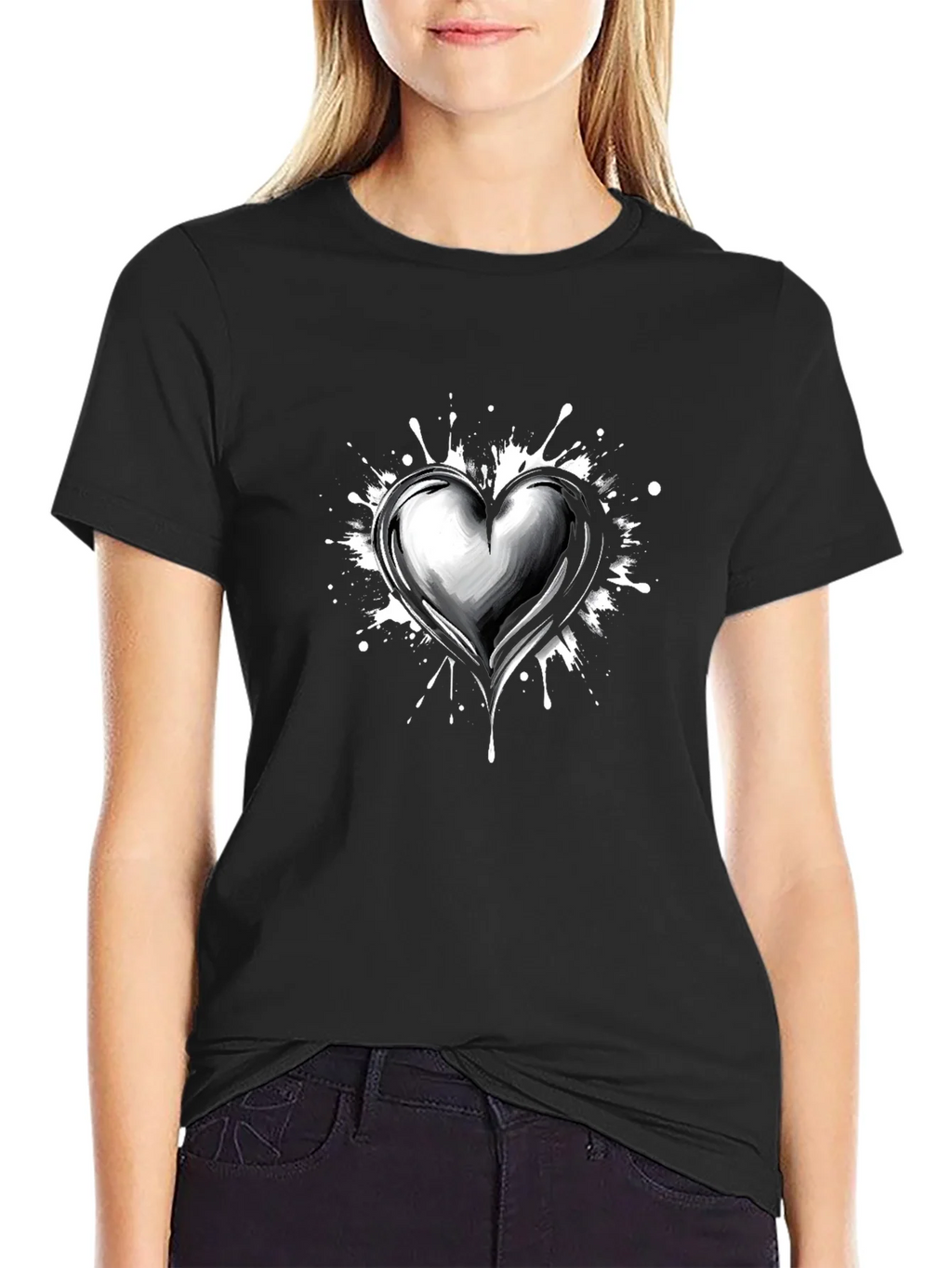 Heart Splatter Graphic Tee - Black Cotton Blend