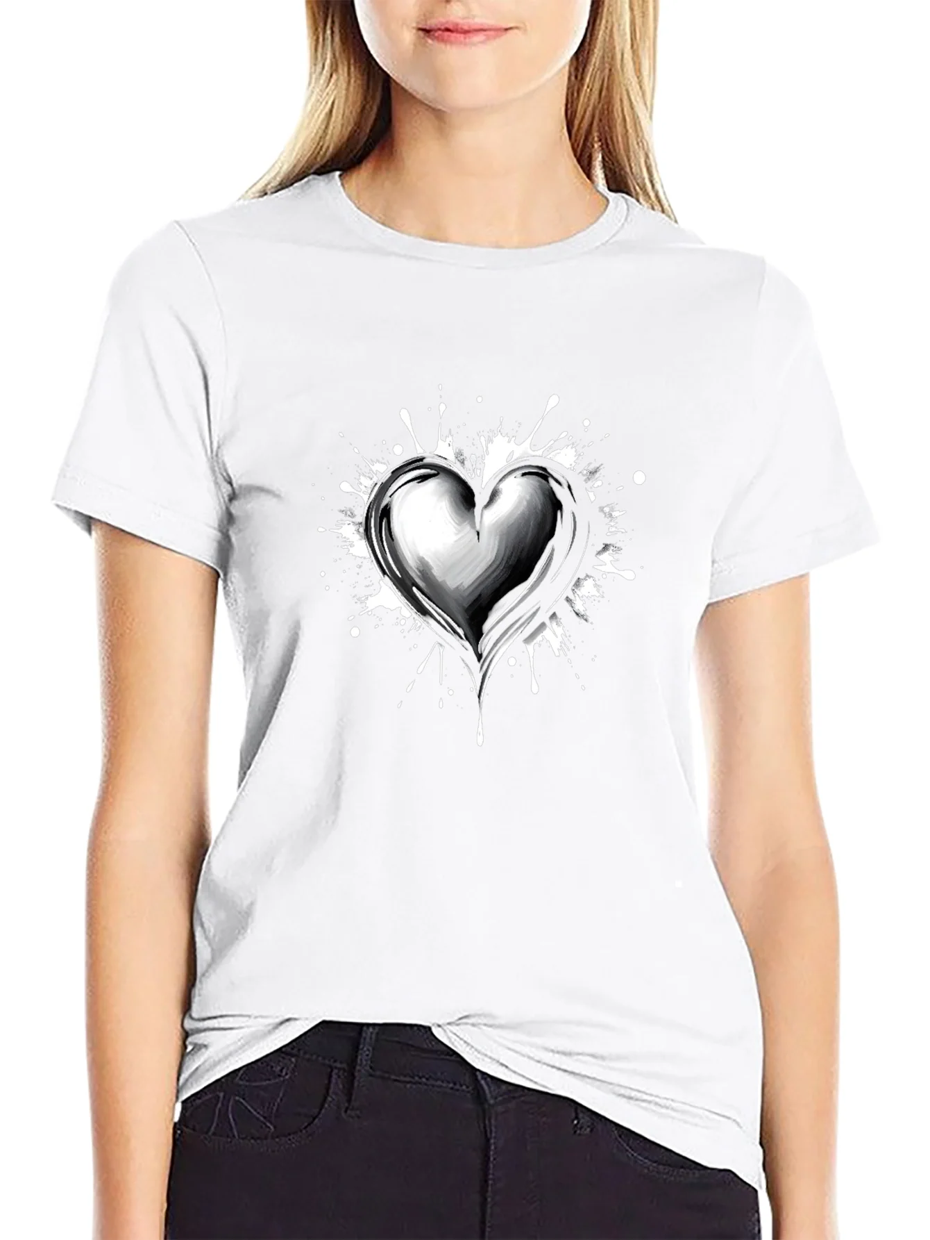 Heart Splatter Graphic Tee - Black Cotton Blend