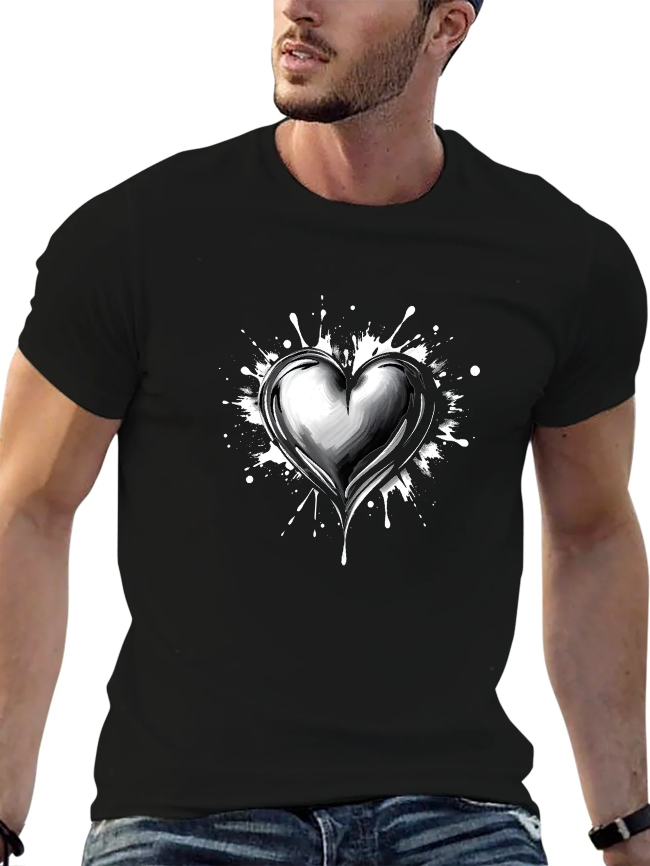 Heart Splatter Graphic Tee - Black Cotton Blend