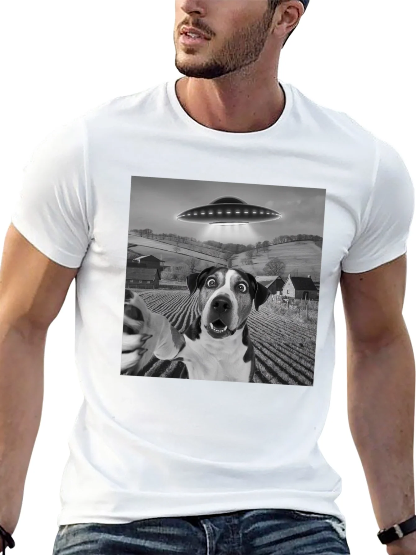 UFO Dog Selfie T-Shirt - Black Graphic Tee