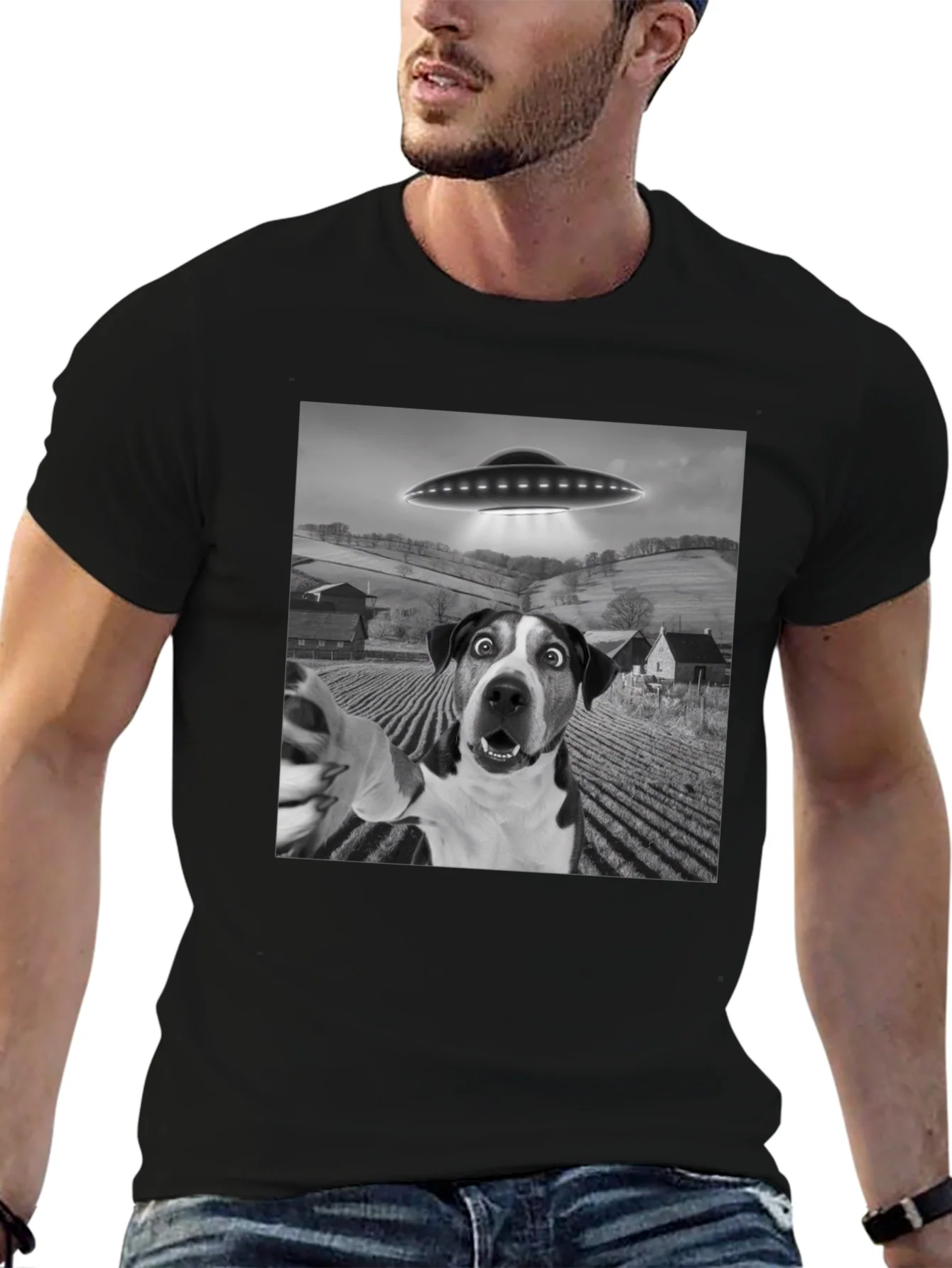 UFO Dog Selfie T-Shirt - Black Graphic Tee