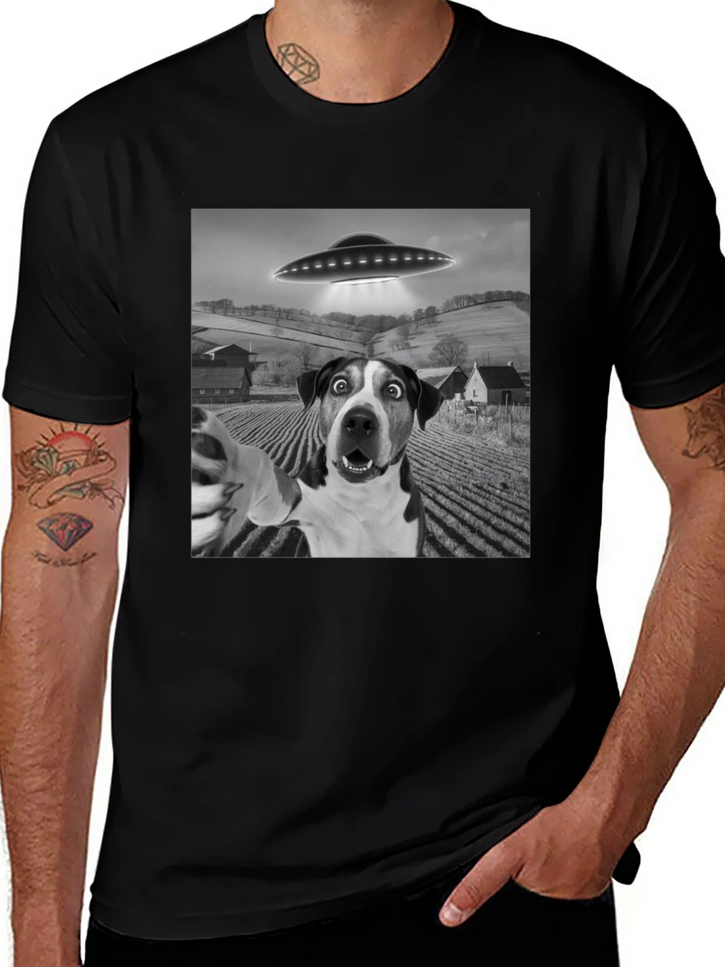 UFO Dog Selfie T-Shirt - Black Graphic Tee