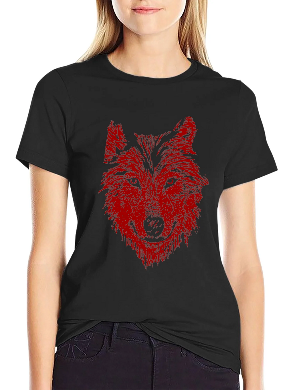 Mens Black T-Shirt with Red Wolf Graphic Print