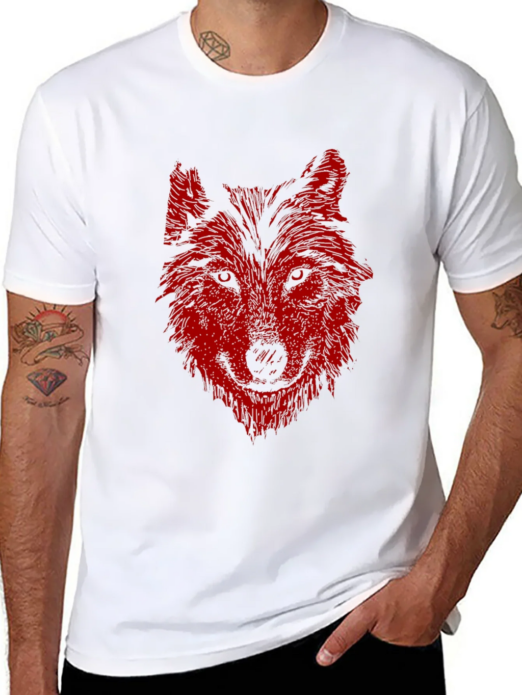 Mens Black T-Shirt with Red Wolf Graphic Print