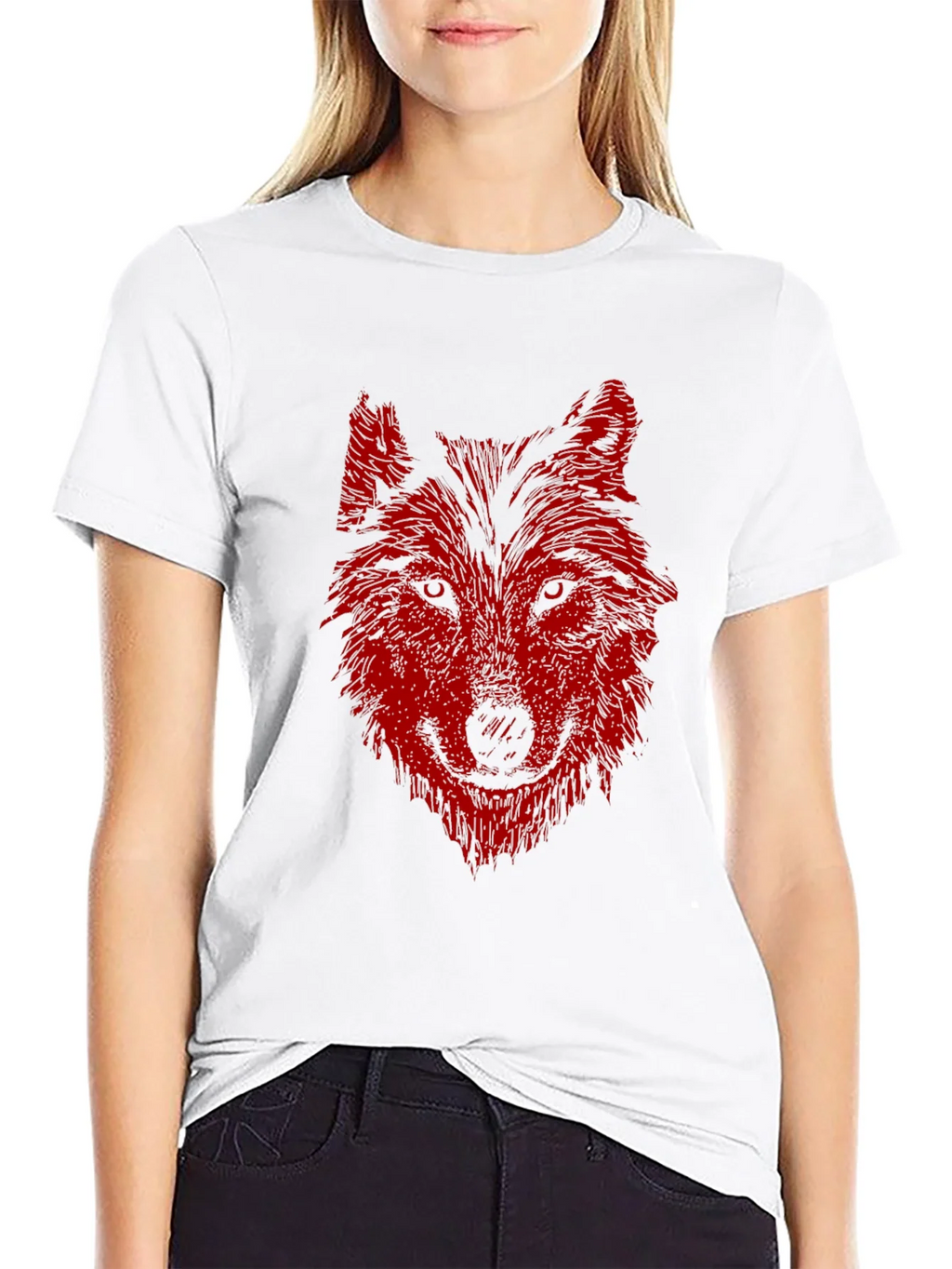 Mens Black T-Shirt with Red Wolf Graphic Print