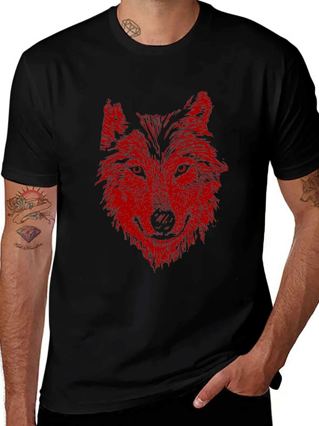 Mens Black T-Shirt with Red Wolf Graphic Print