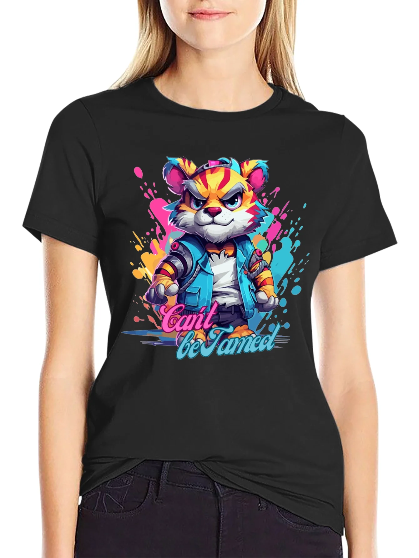 Cool Cant Be Tamed Tiger Graphic Black T-Shirt