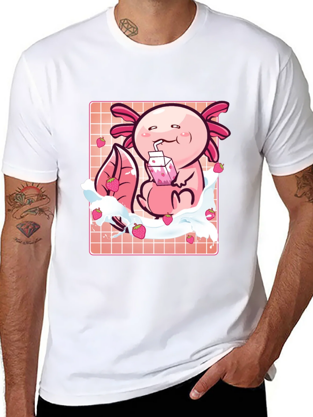 Axolotl Strawberry Milk T-Shirt - Kawaii Pink Cute