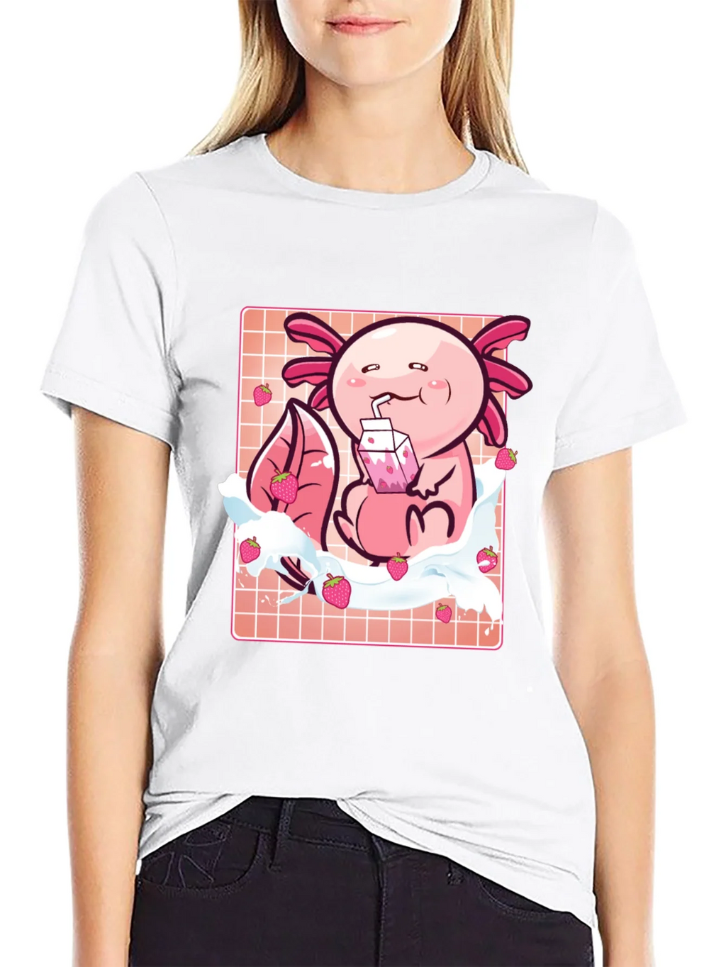 Axolotl Strawberry Milk T-Shirt - Kawaii Pink Cute
