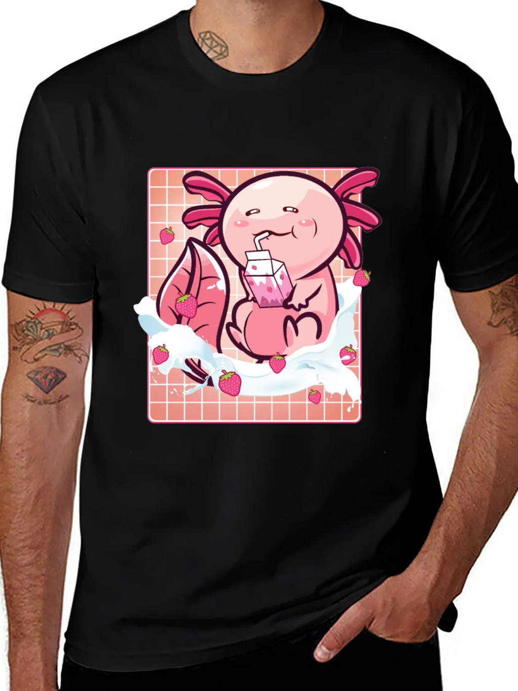 Axolotl Strawberry Milk T-Shirt - Kawaii Pink Cute