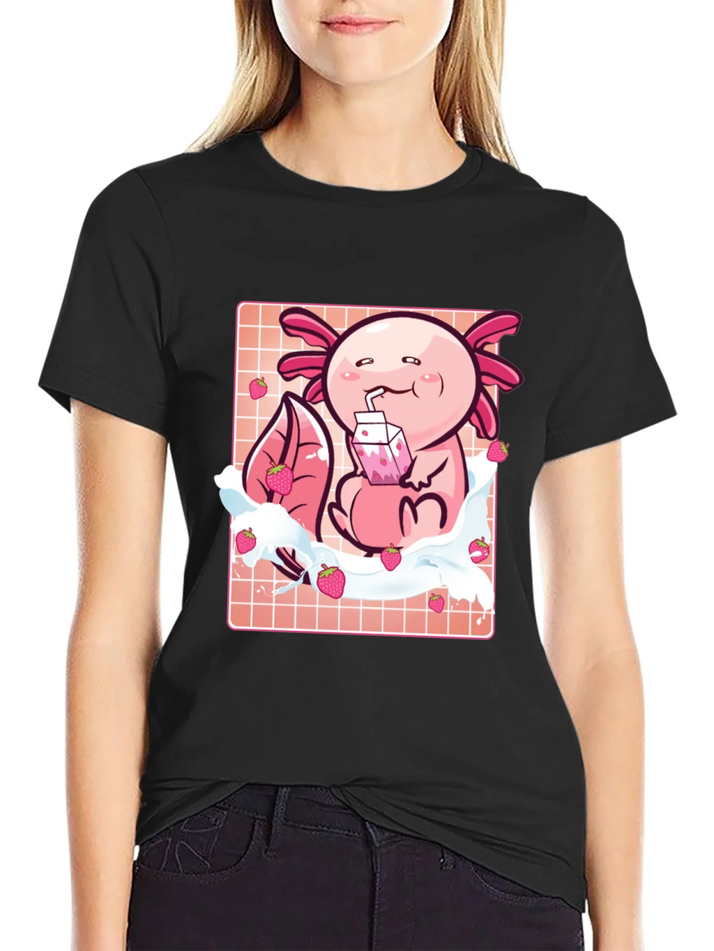 Axolotl Strawberry Milk T-Shirt - Kawaii Pink Cute