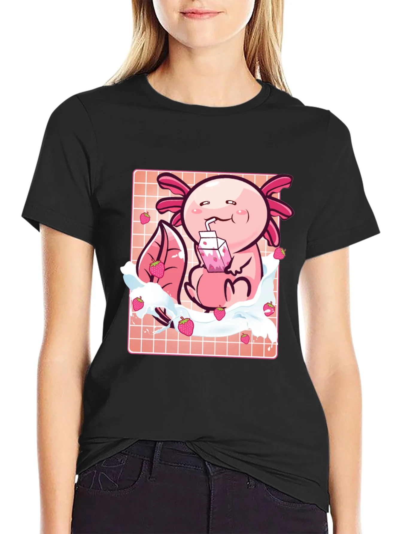 Axolotl Strawberry Milk T-Shirt - Kawaii Pink Cute