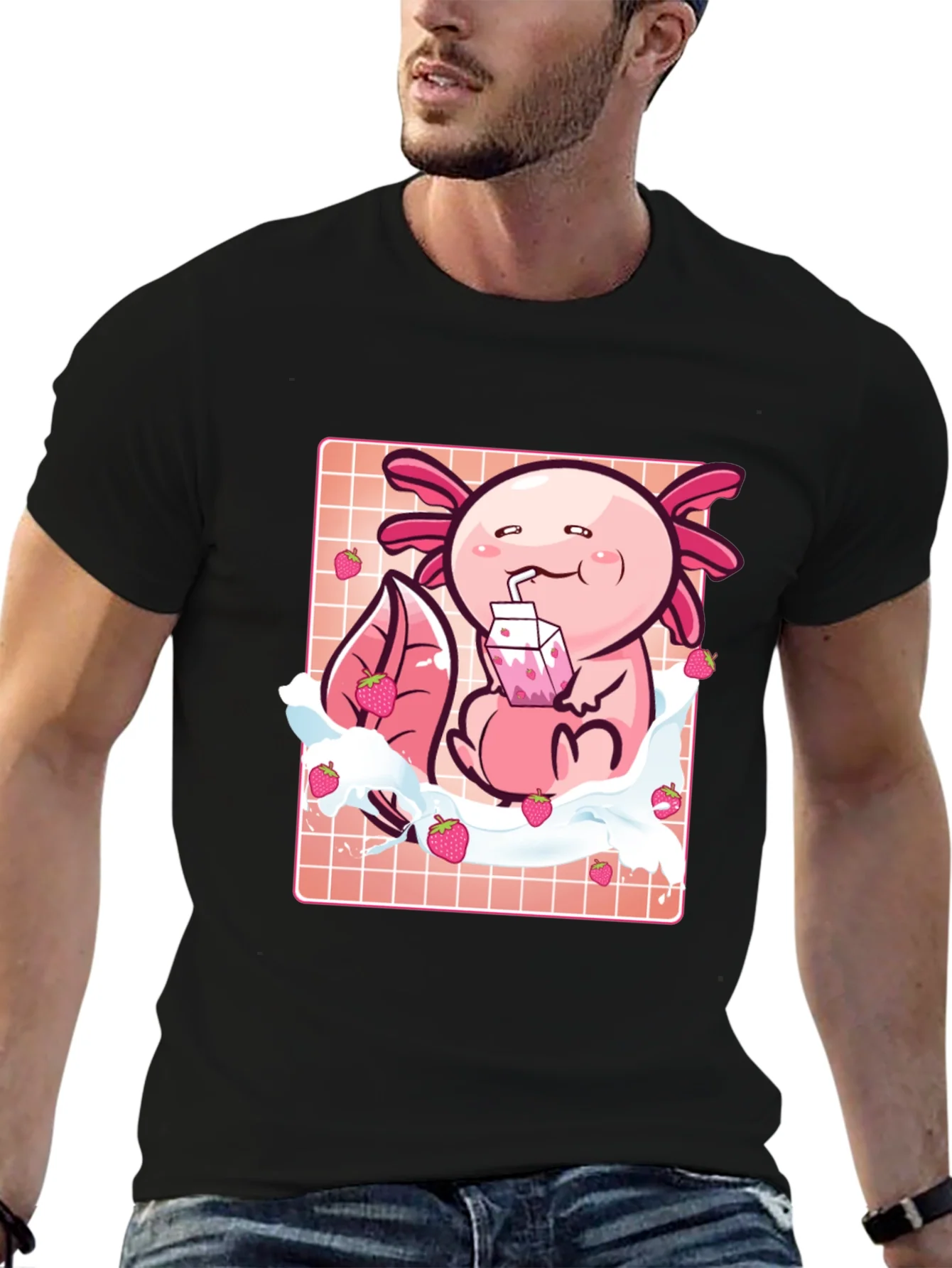 Axolotl Strawberry Milk T-Shirt - Kawaii Pink Cute