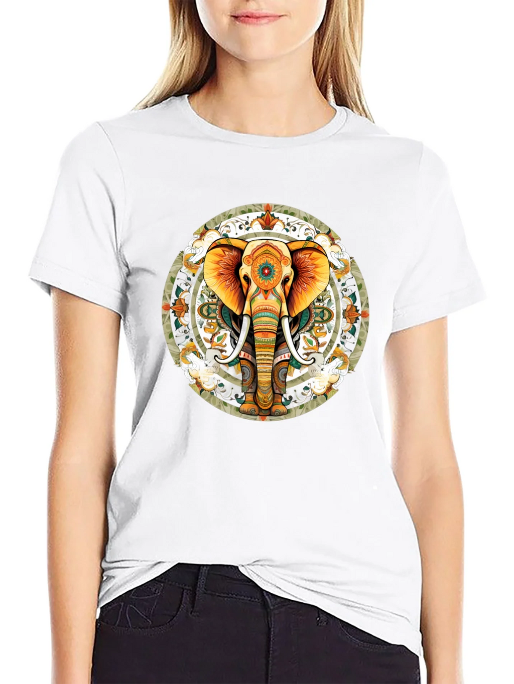 Elephant Mandala Graphic Tee - Black Cotton Blend