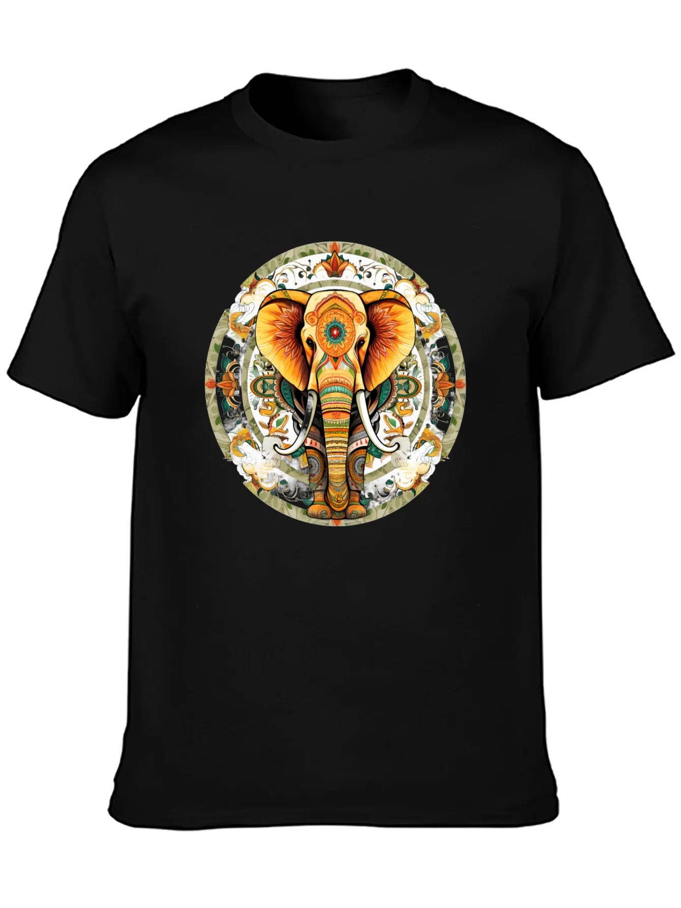 Elephant Mandala Graphic Tee - Black Cotton Blend