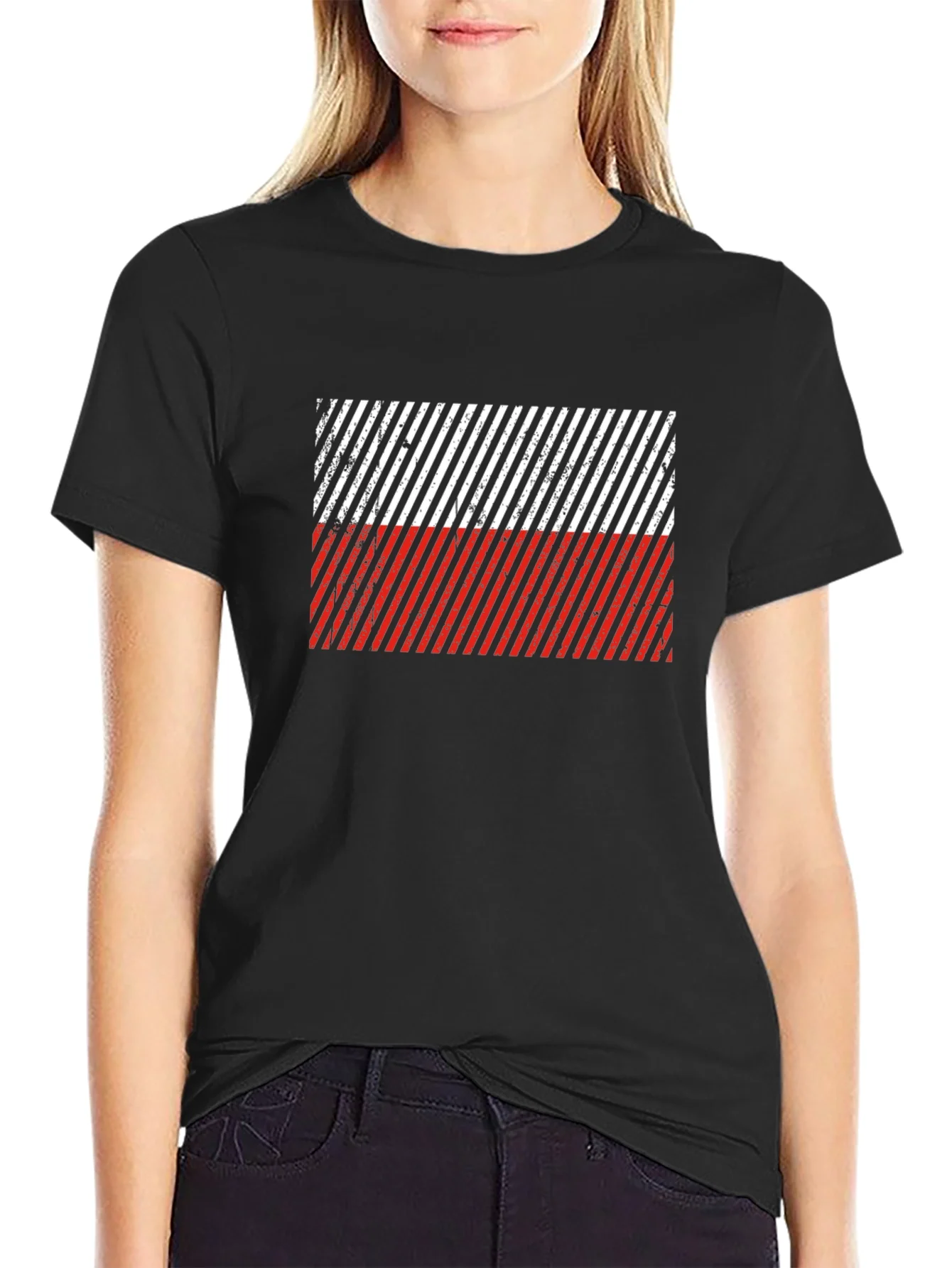 Poland Flag Diagonal Stripe Black T-Shirt