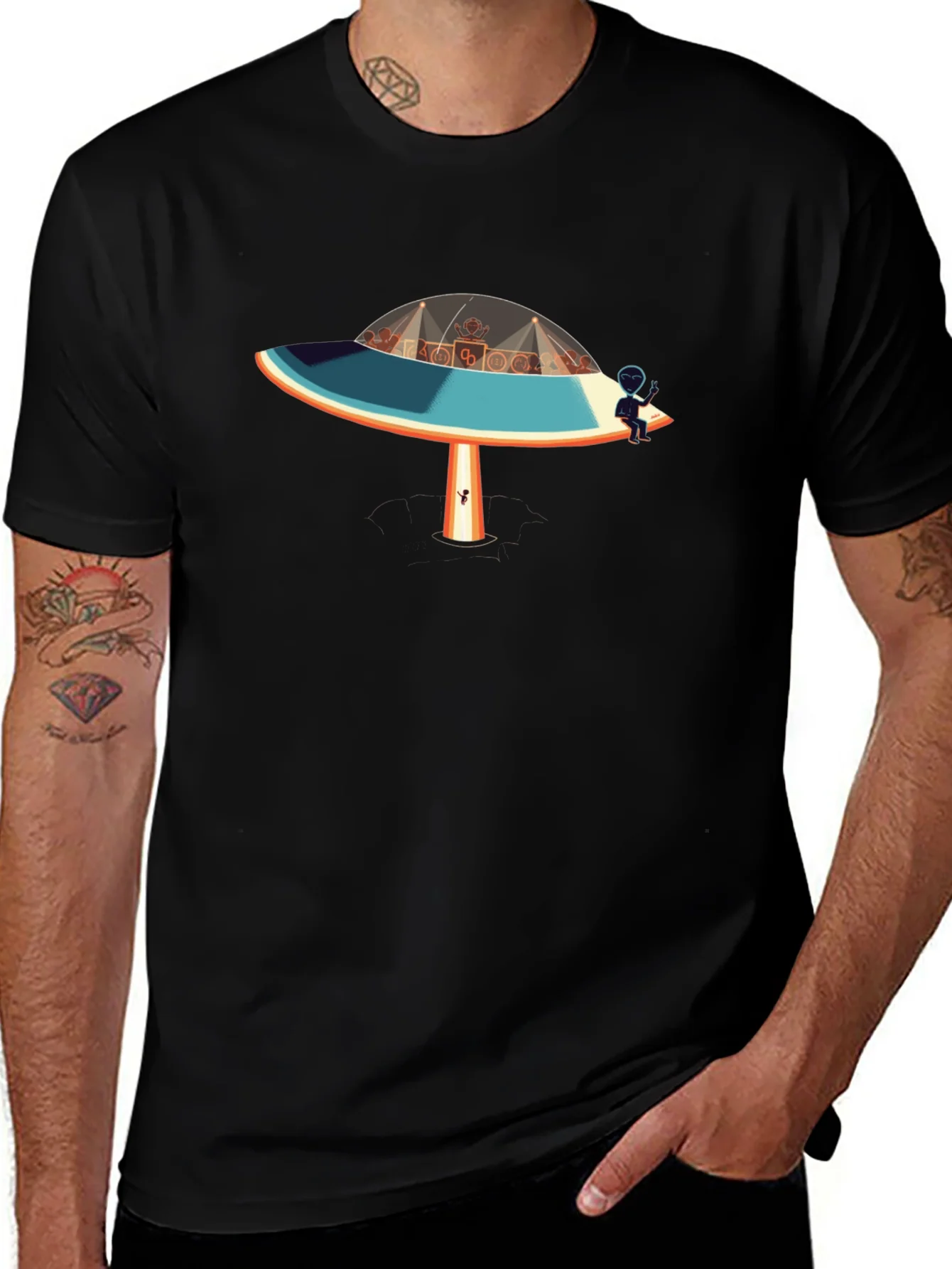 UFO Alien Party Black T-Shirt
