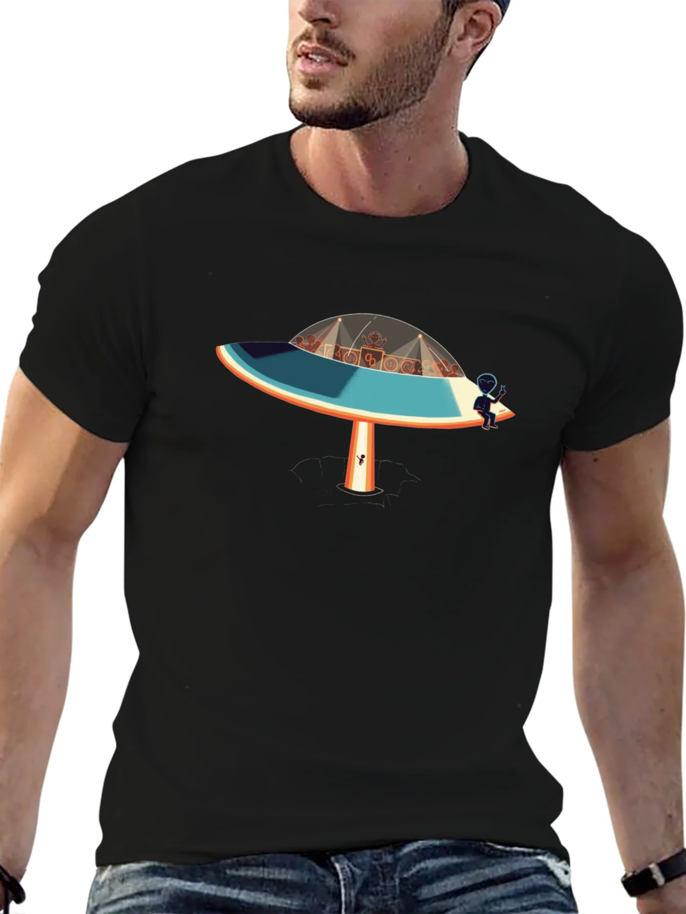 UFO Alien Party Black T-Shirt