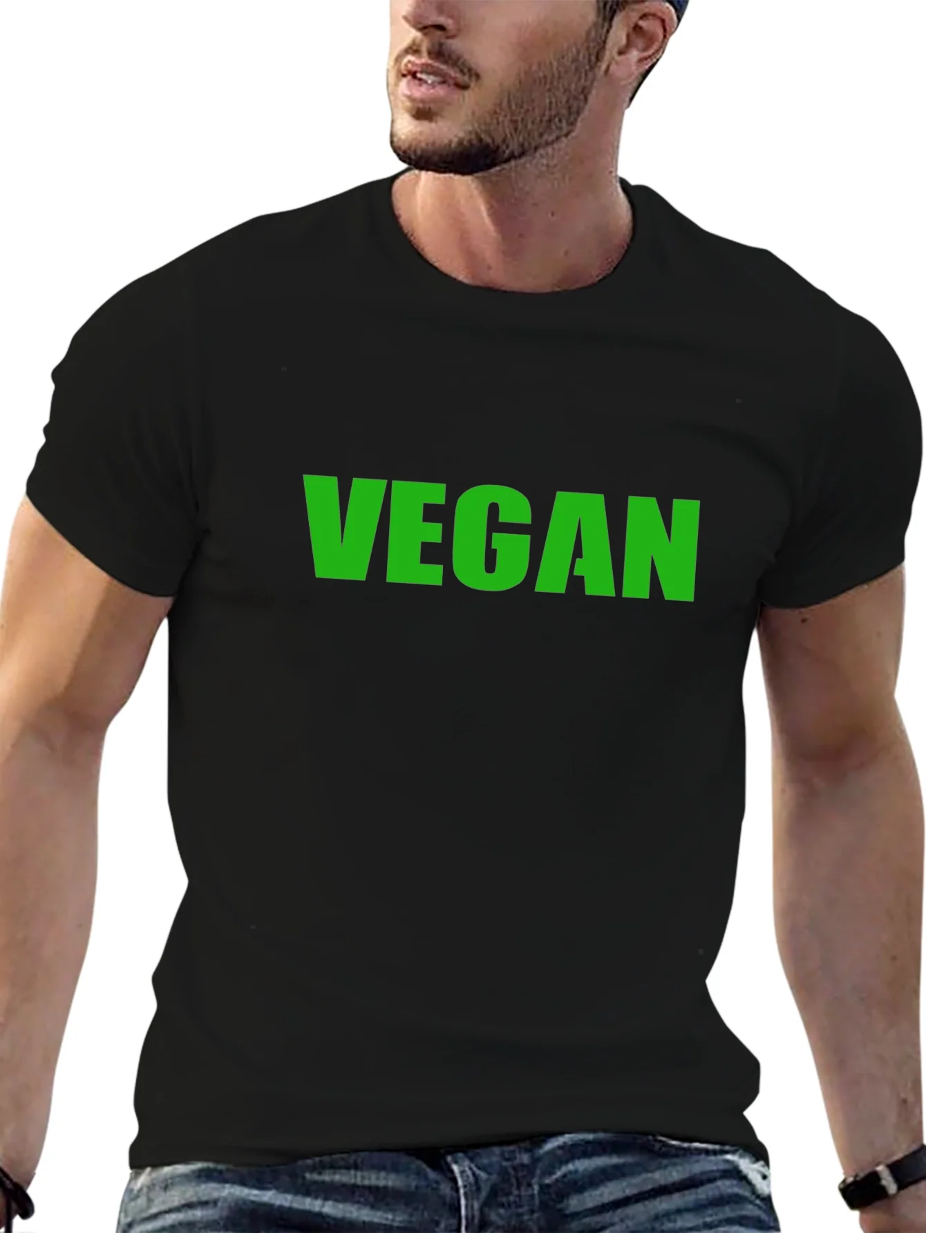 Vegan T-Shirt - Black Crew Neck - Bold Green Print