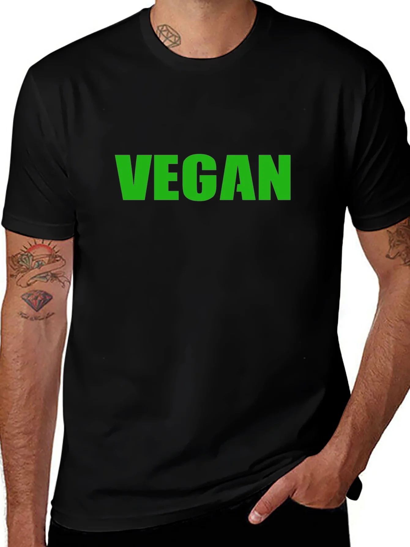 Vegan T-Shirt - Black Crew Neck - Bold Green Print
