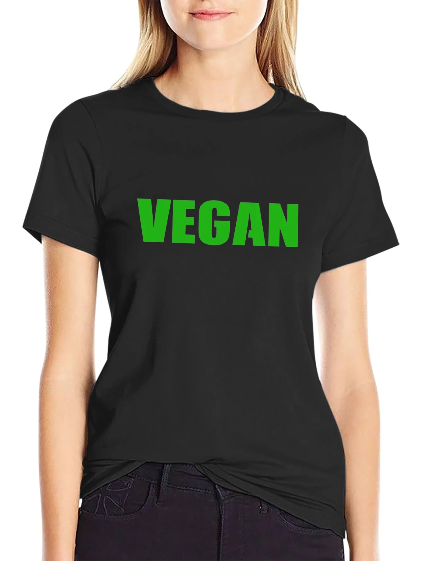 Vegan T-Shirt - Black Crew Neck - Bold Green Print