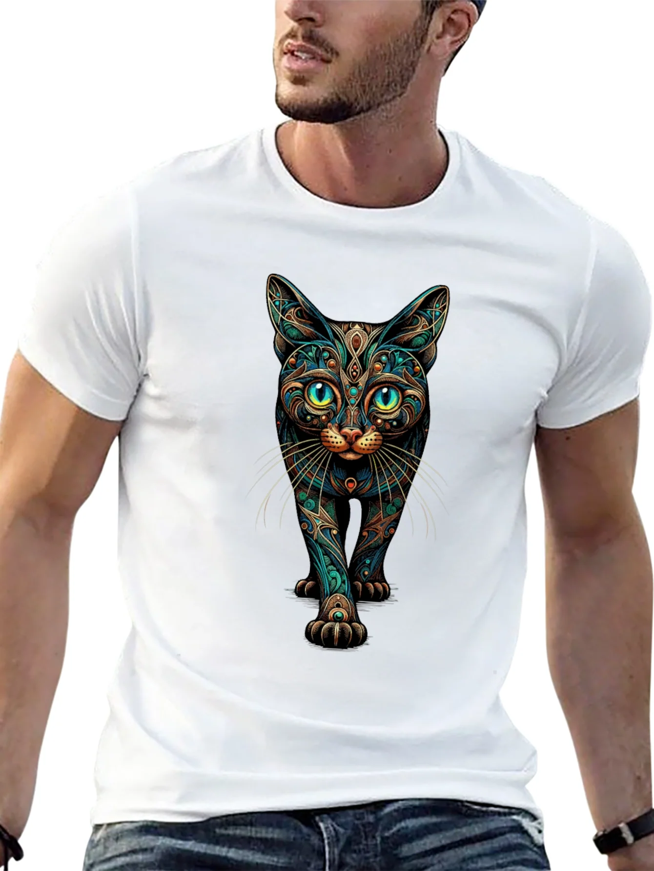 Mystic Cat Graphic Print Black T-Shirt