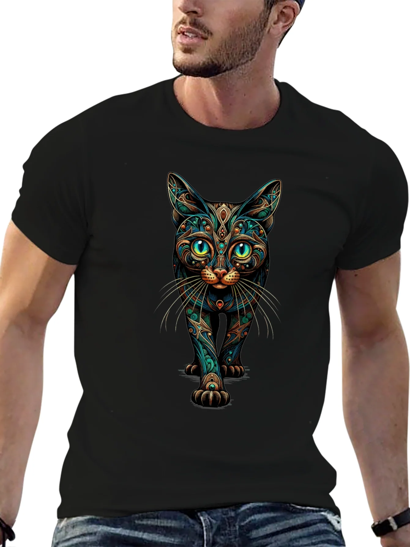 Mystic Cat Graphic Print Black T-Shirt