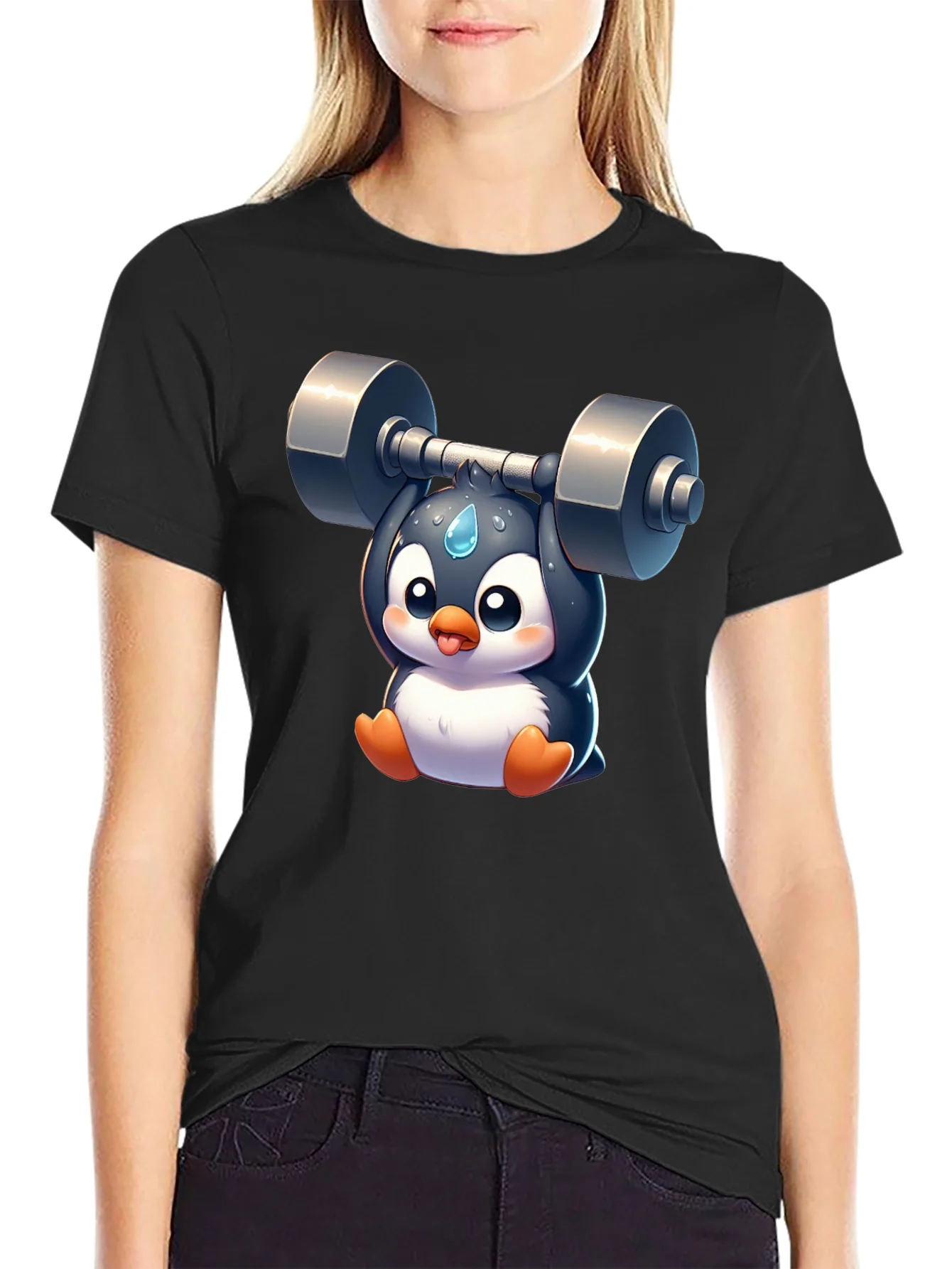 Penguin Lifting Weights Graphic T-Shirt