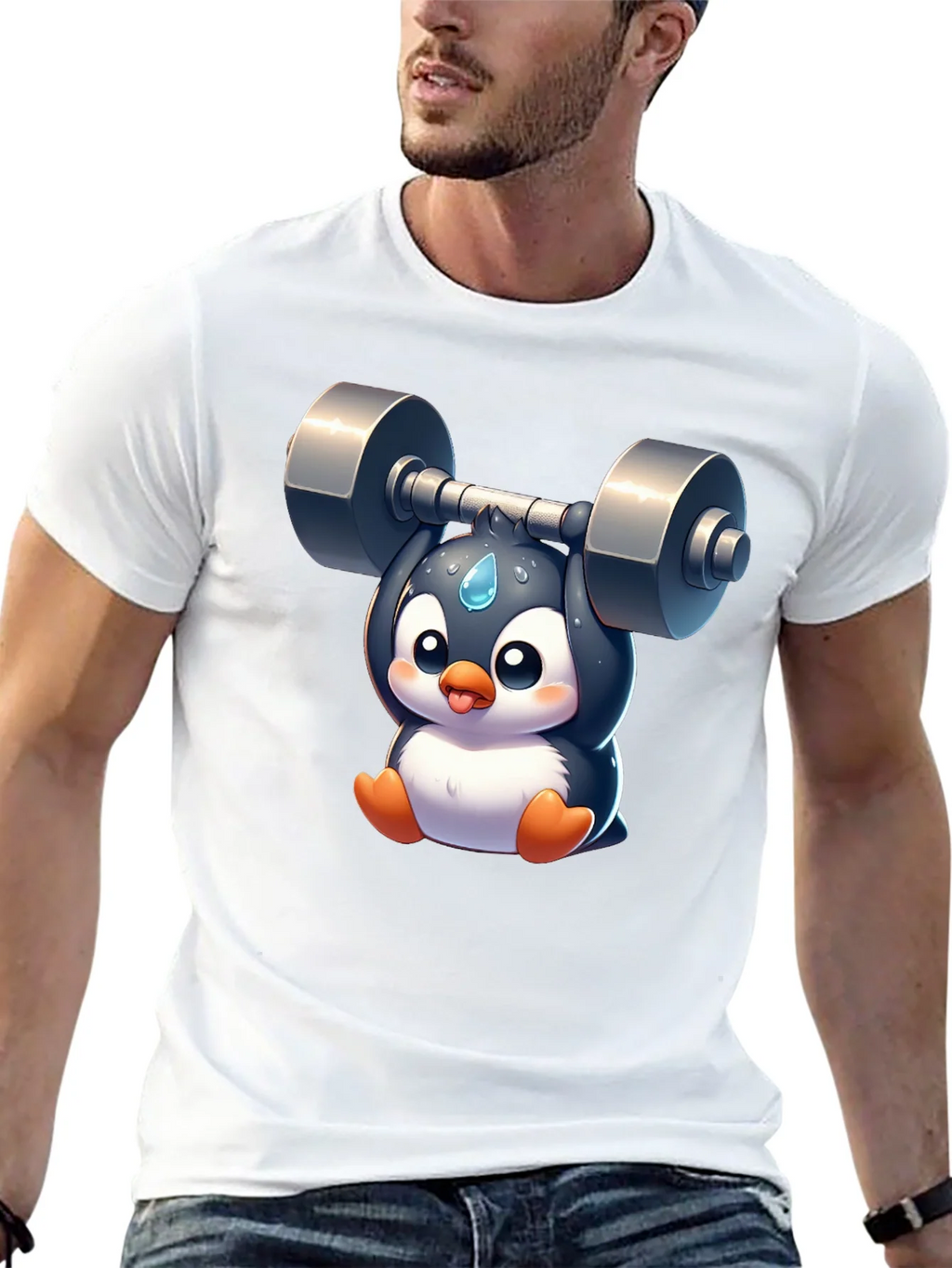 Penguin Lifting Weights Graphic T-Shirt