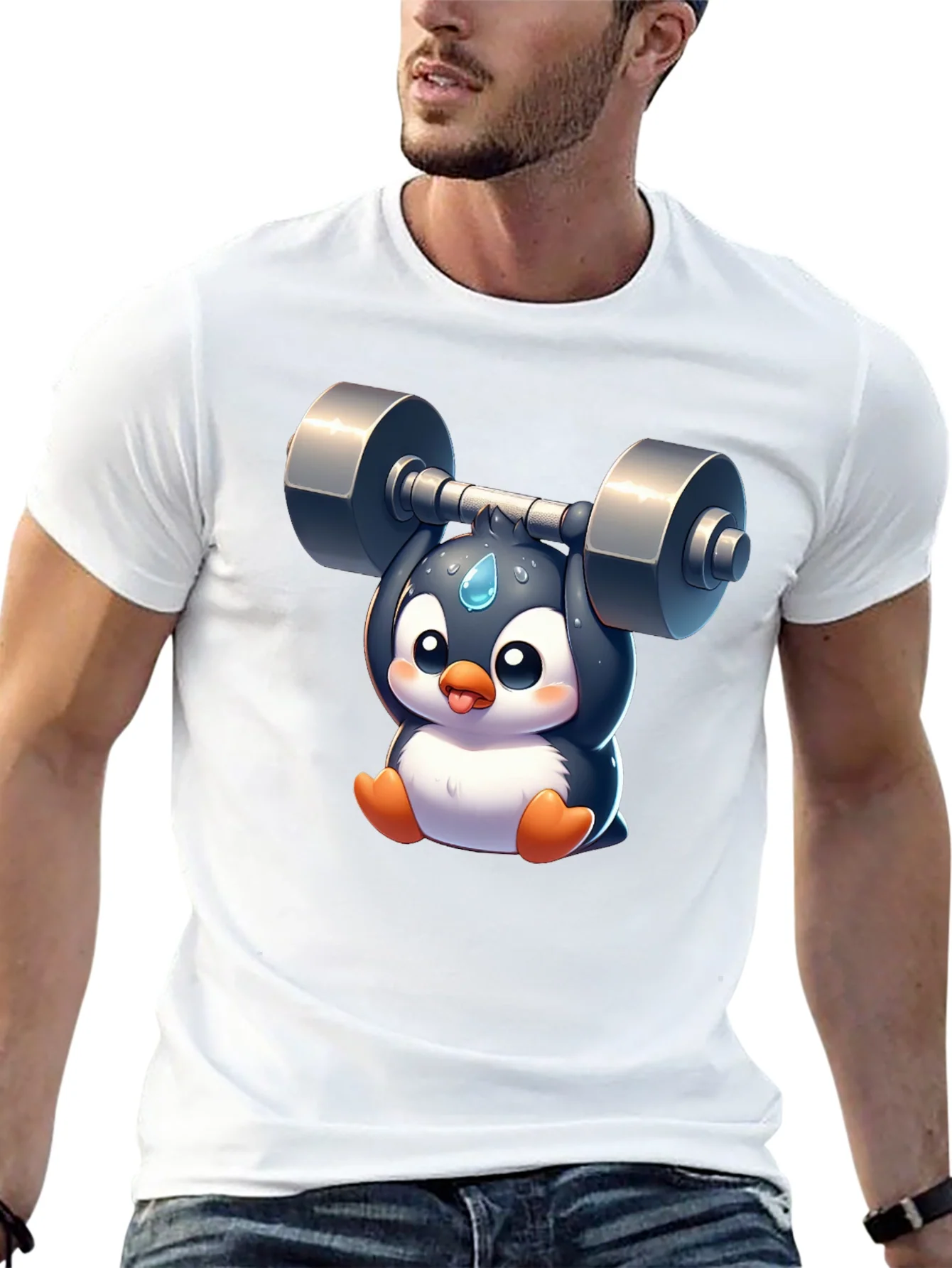 Penguin Lifting Weights Graphic T-Shirt