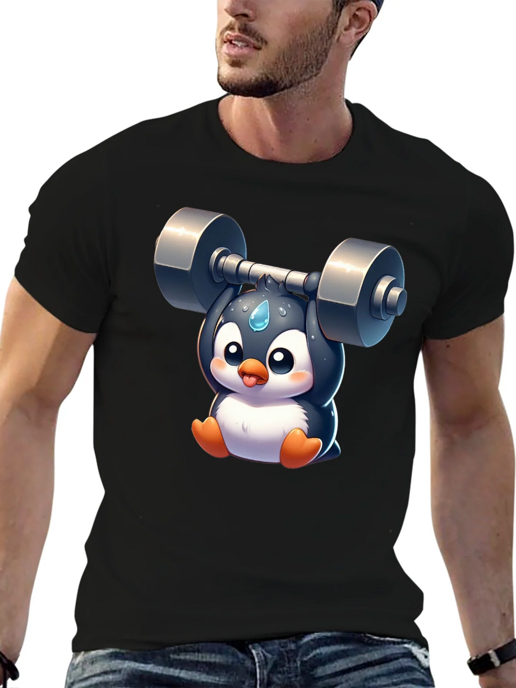 Penguin Lifting Weights Graphic T-Shirt