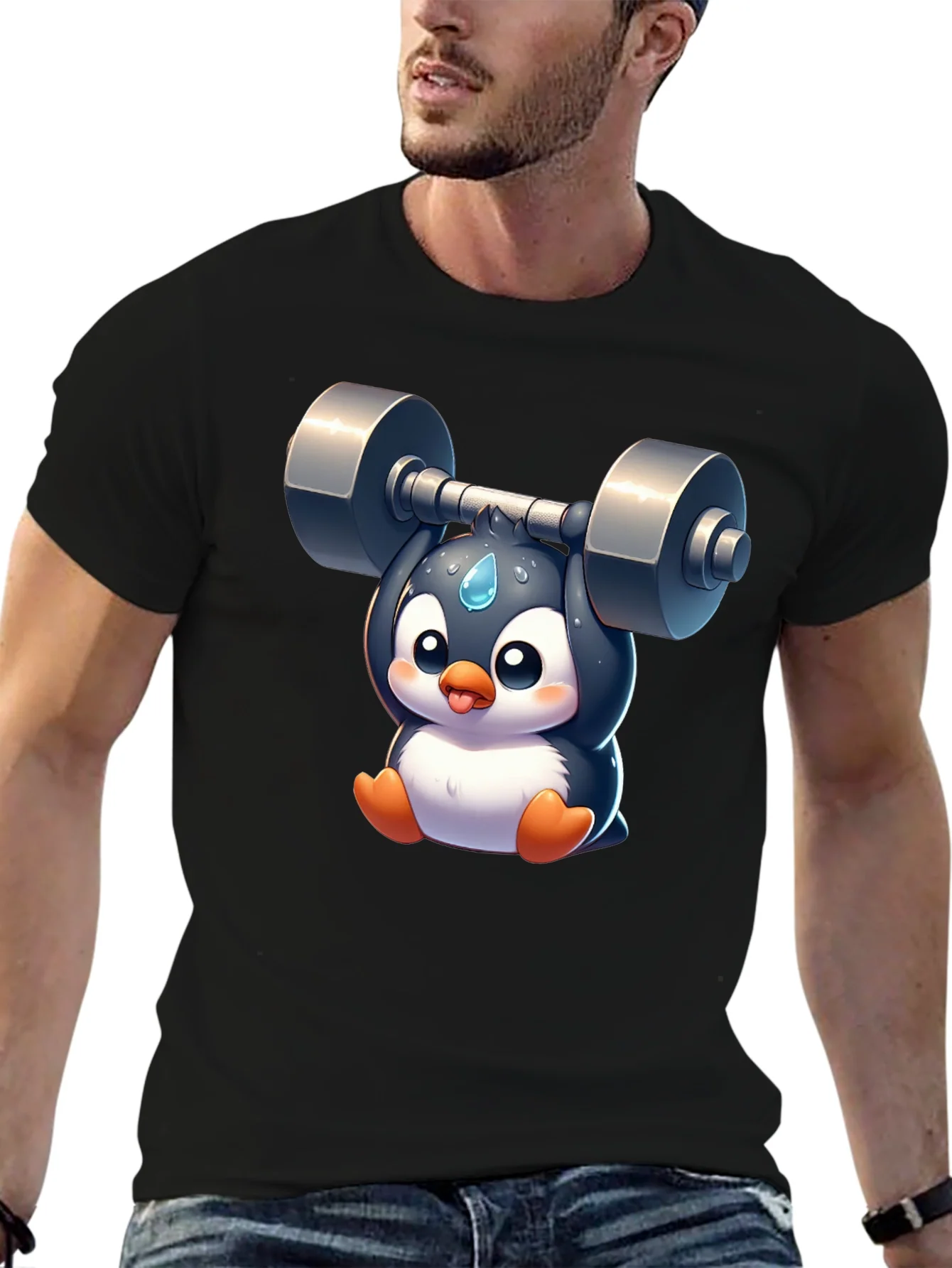 Penguin Lifting Weights Graphic T-Shirt