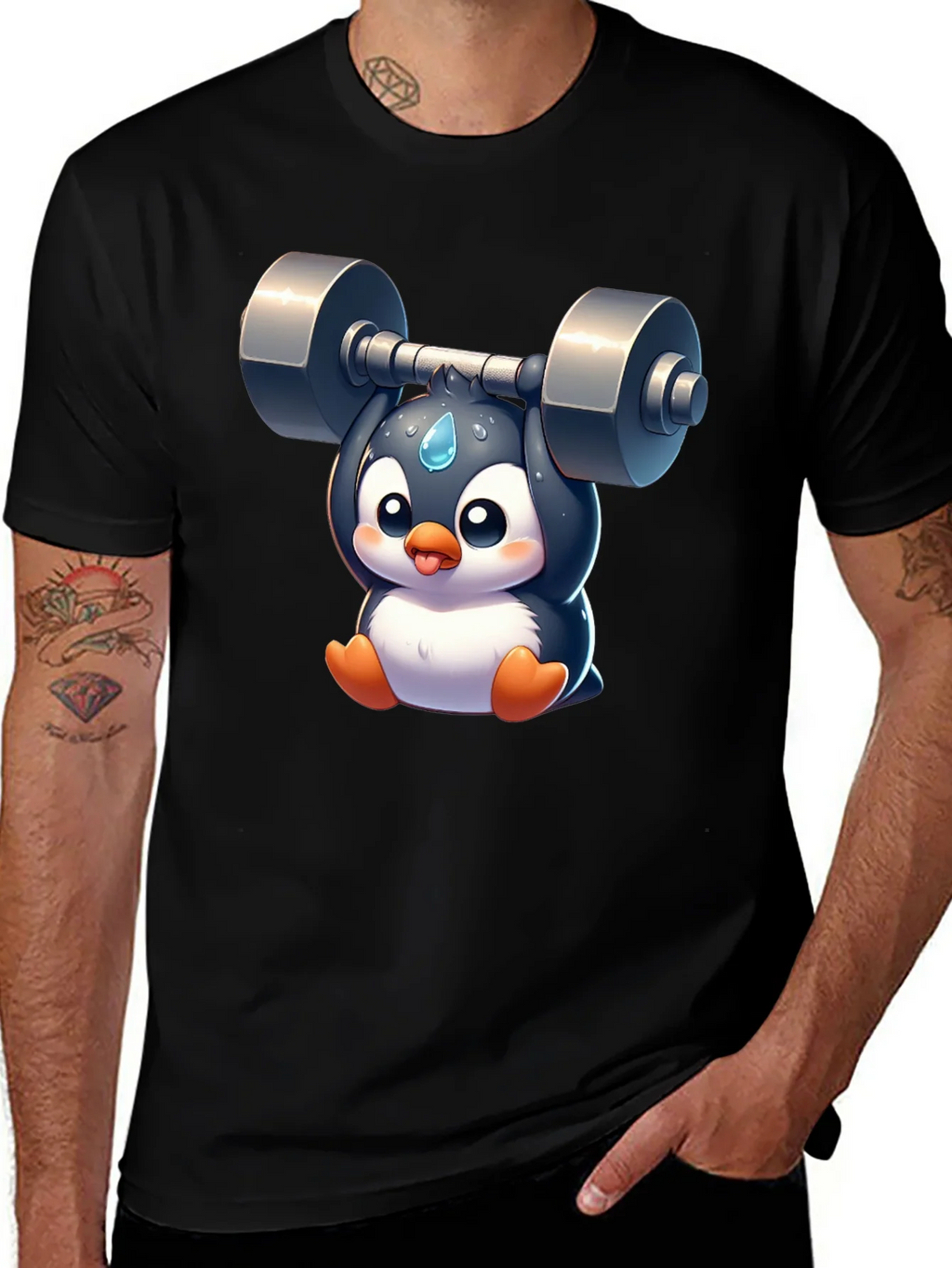 Penguin Lifting Weights Graphic T-Shirt