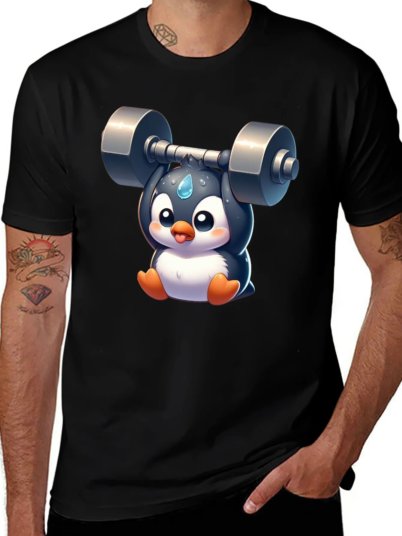 Penguin Lifting Weights Graphic T-Shirt