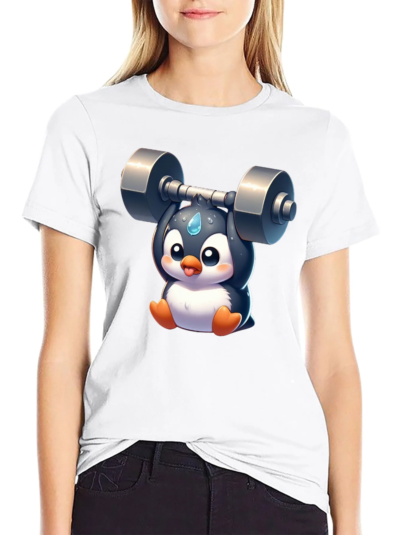 Penguin Lifting Weights Graphic T-Shirt