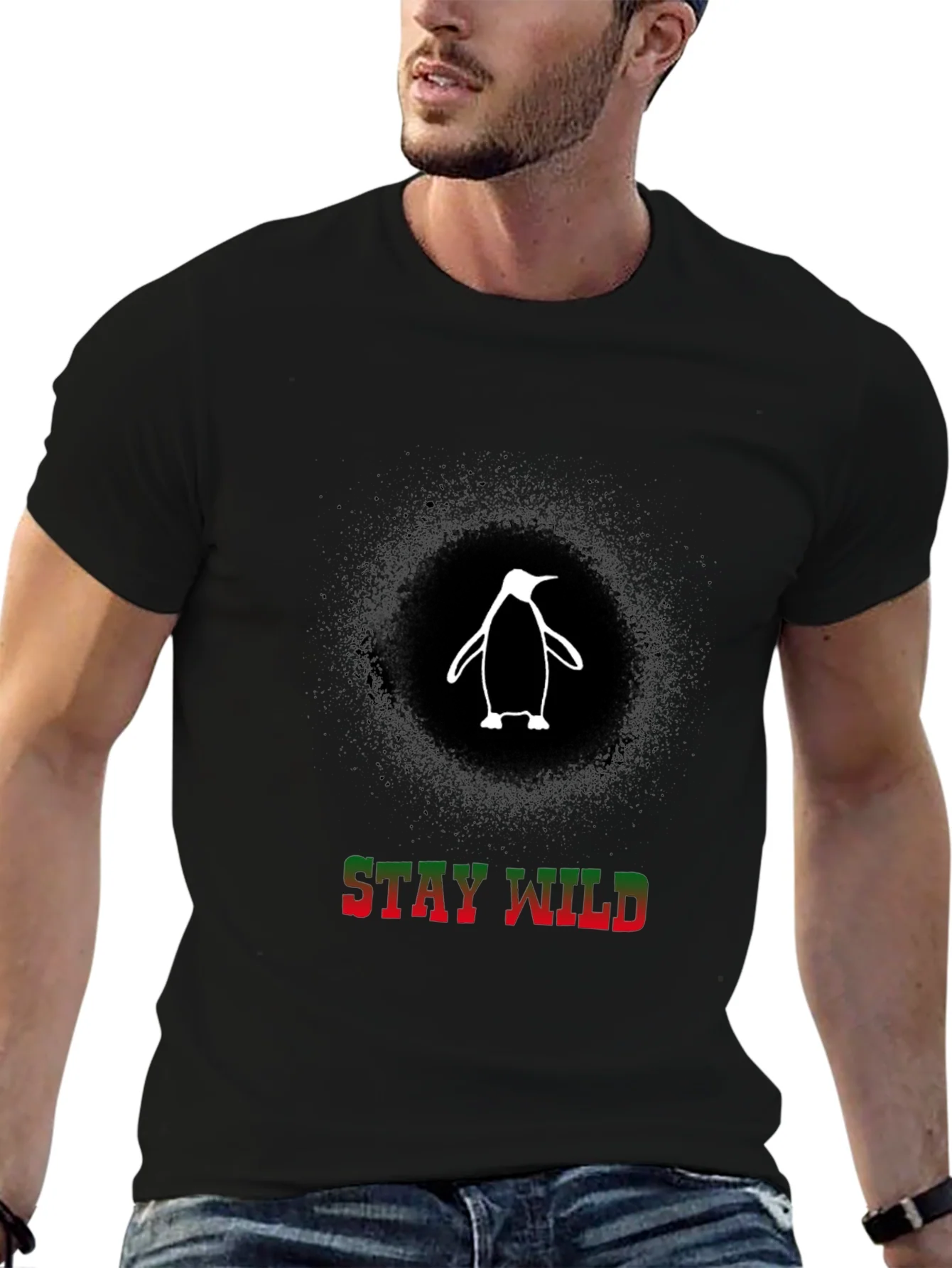 Stay Wild Penguin Graphic Tee - Black Cotton T-Shirt