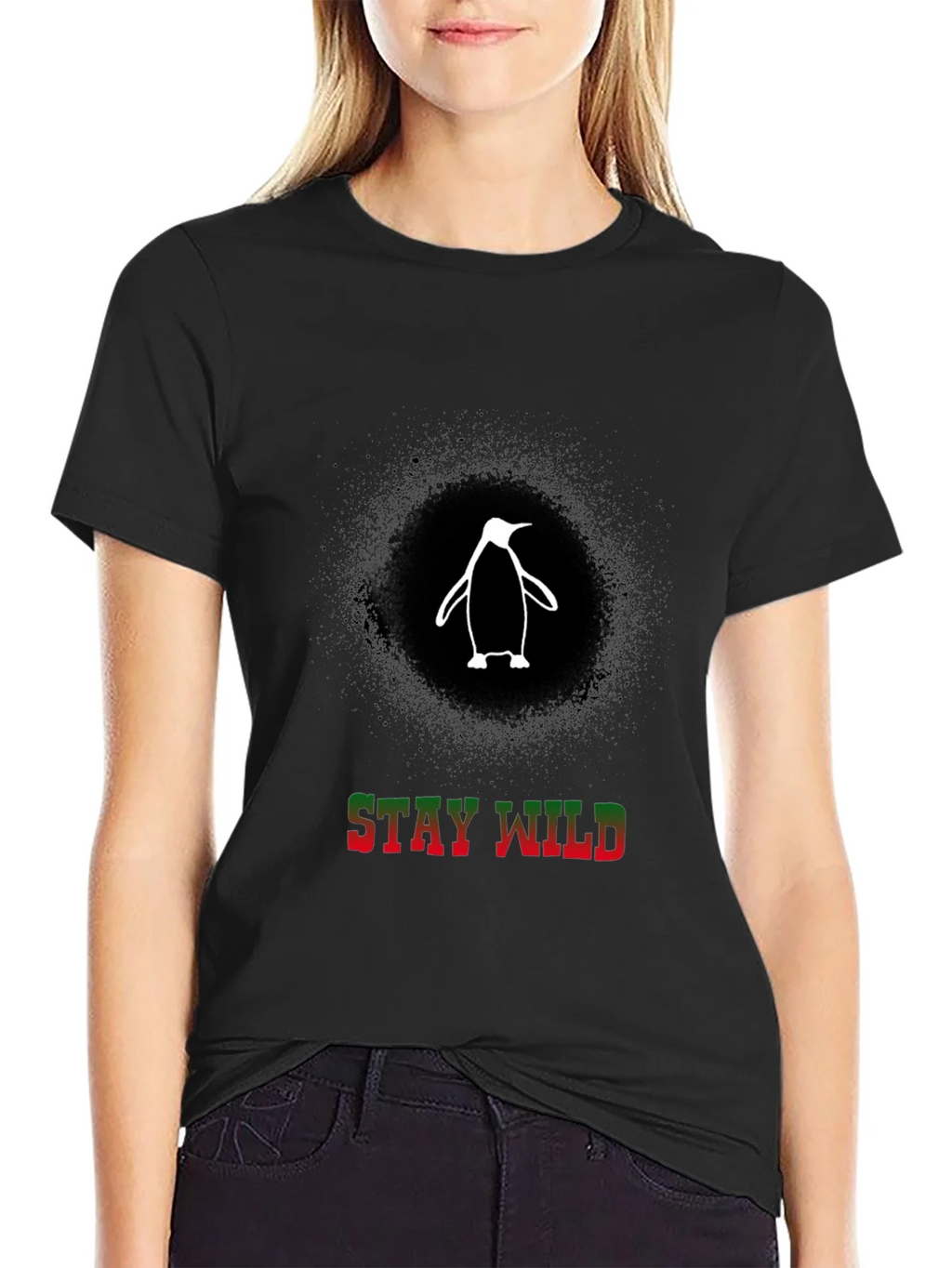 Stay Wild Penguin Graphic Tee - Black Cotton T-Shirt