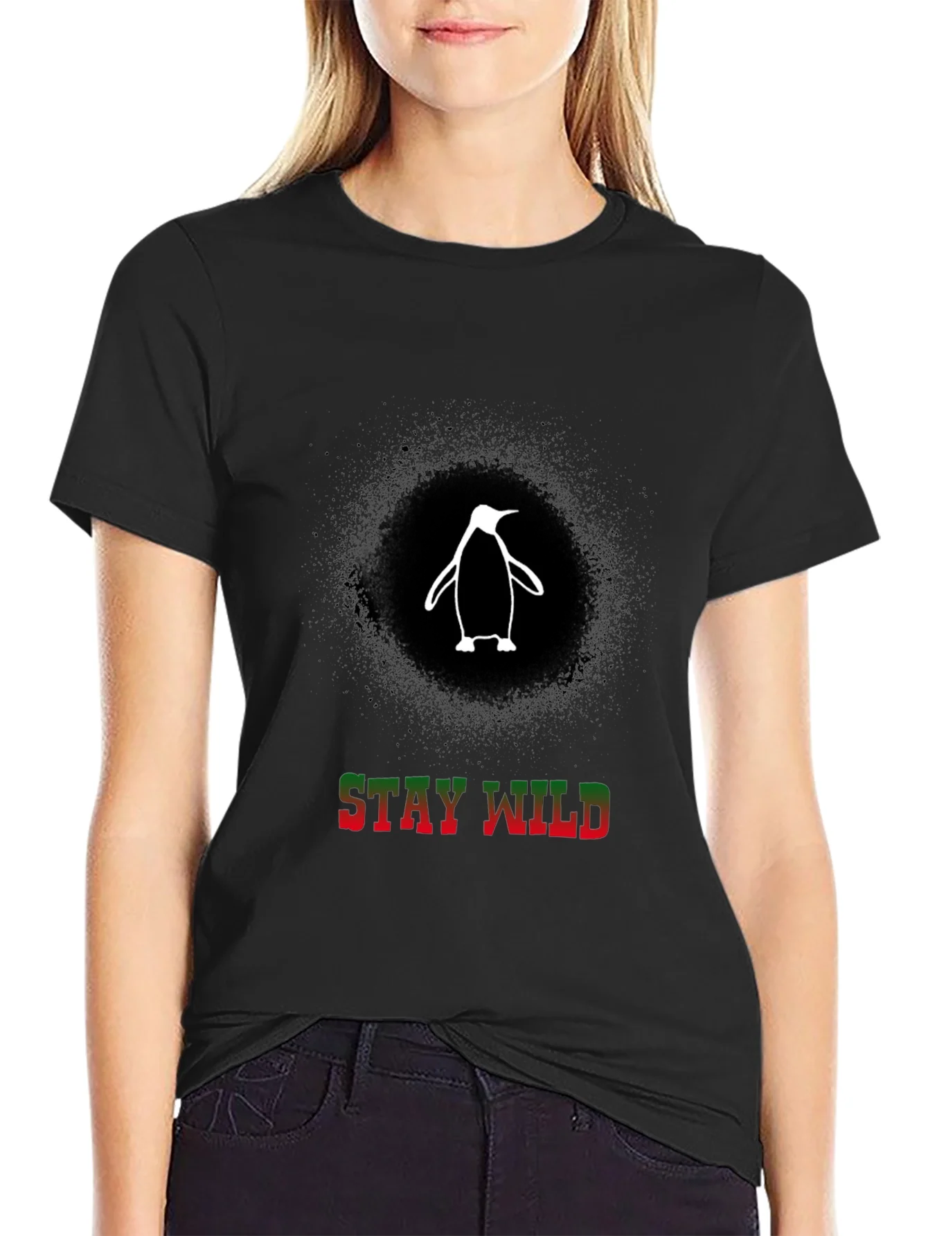 Stay Wild Penguin Graphic Tee - Black Cotton T-Shirt