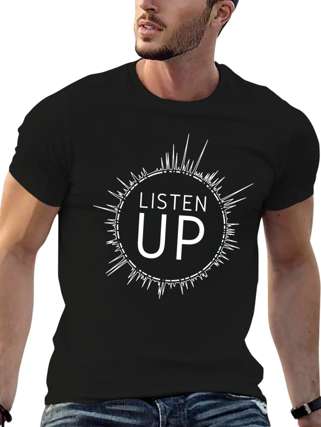 Listen Up Graphic Tee - Black Cotton Crew Neck T-Shirt