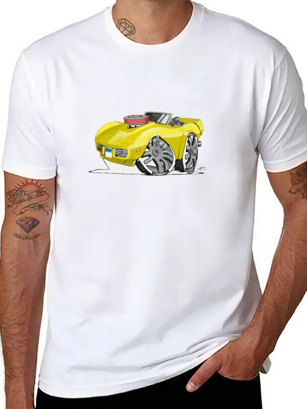 Cartoon Car Graphic Tee - Black Cotton T-Shirt