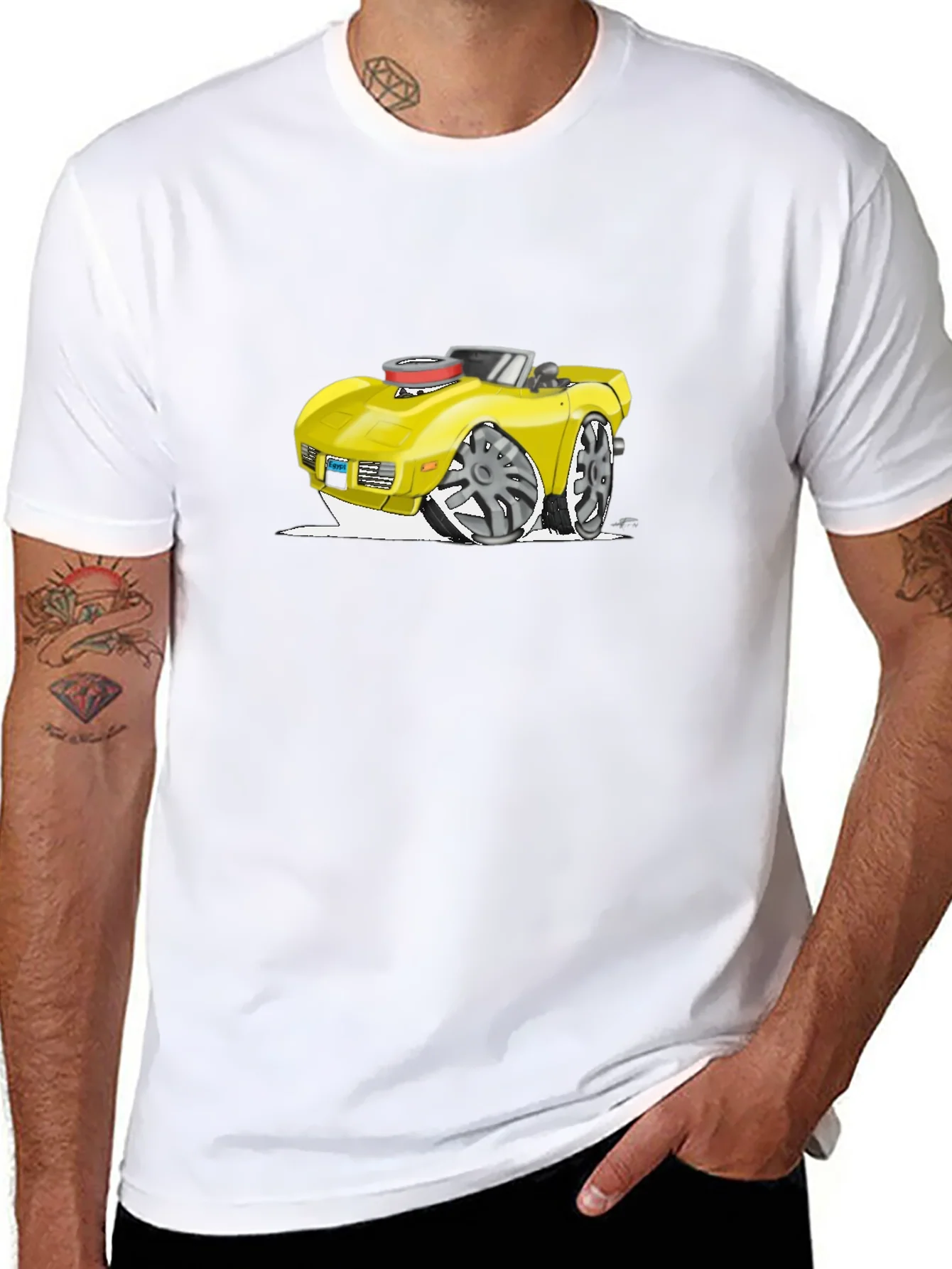 Cartoon Car Graphic Tee - Black Cotton T-Shirt