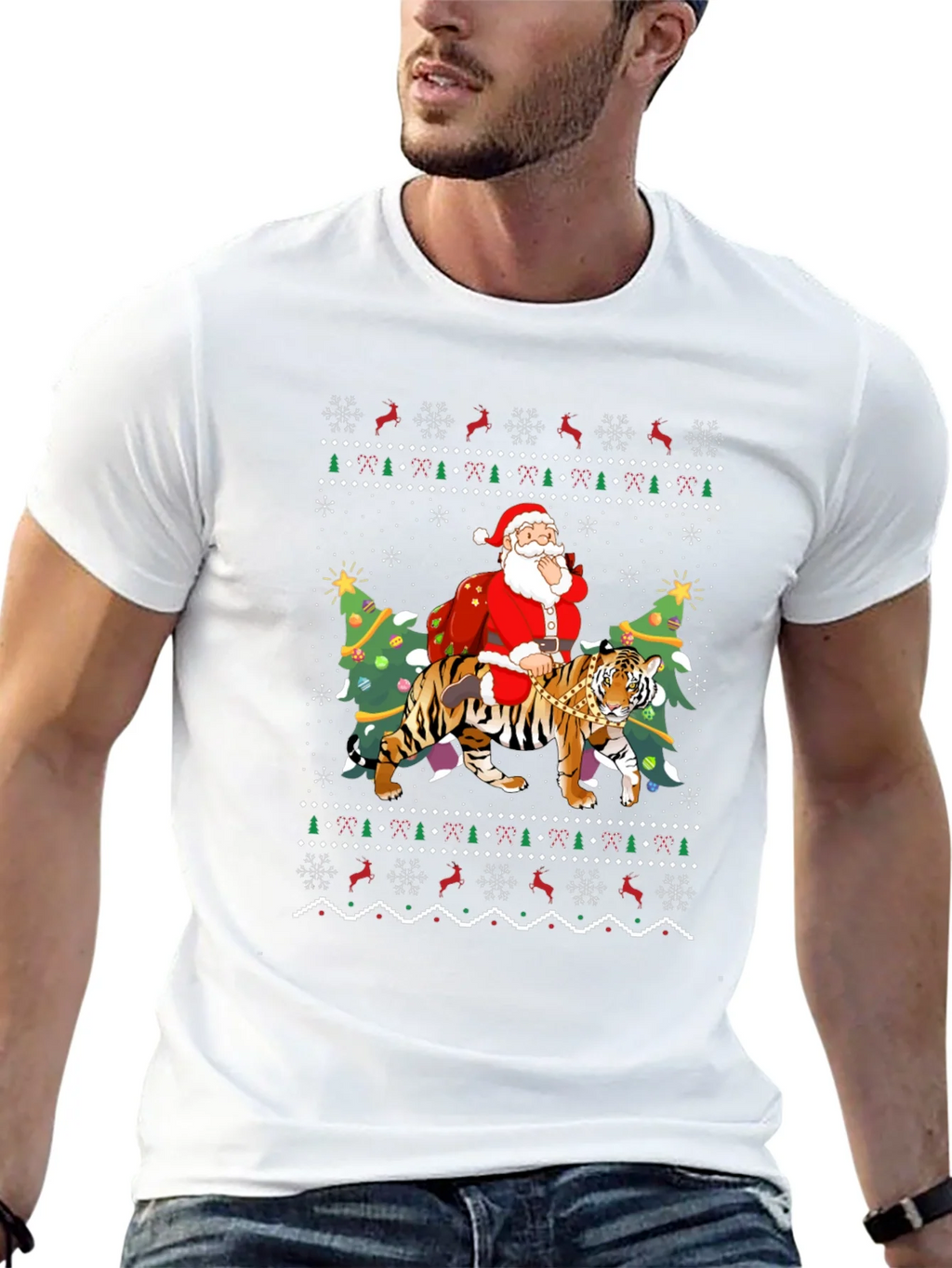 Santa Riding Tiger Christmas Ugly Sweater T-Shirt