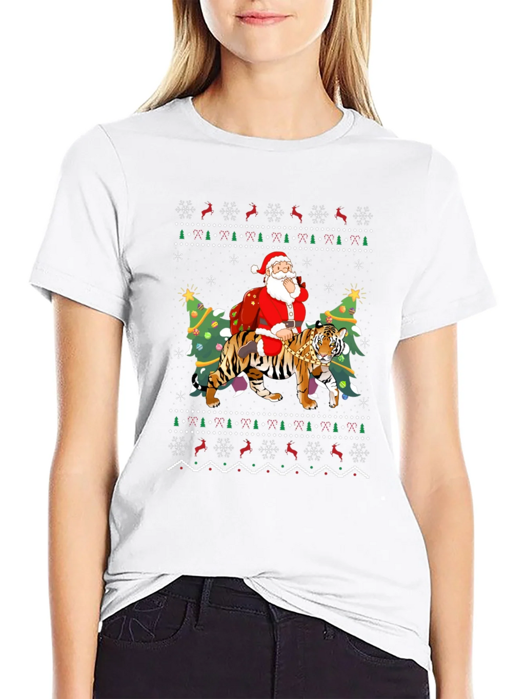 Santa Riding Tiger Christmas Ugly Sweater T-Shirt
