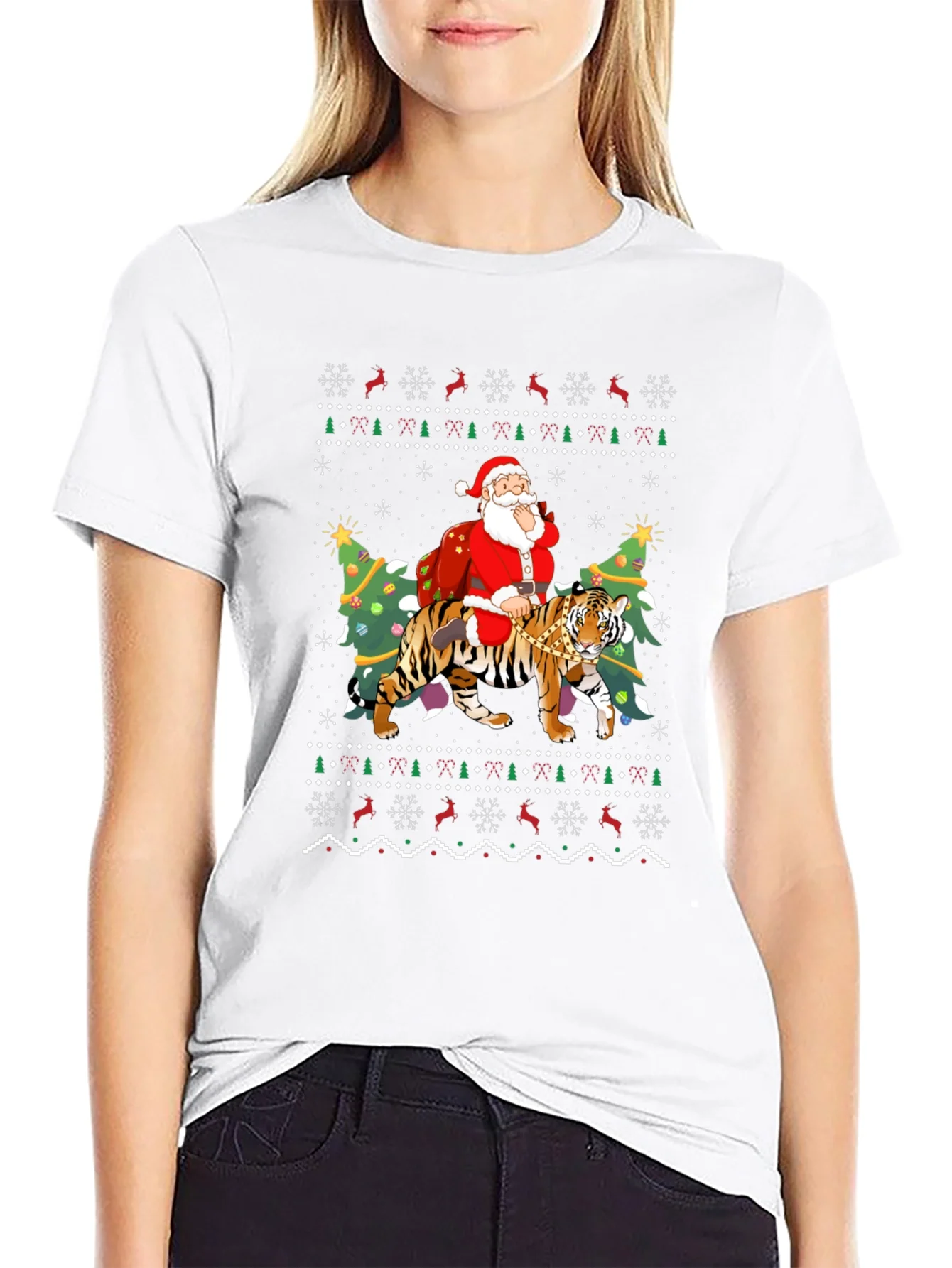 Santa Riding Tiger Christmas Ugly Sweater T-Shirt